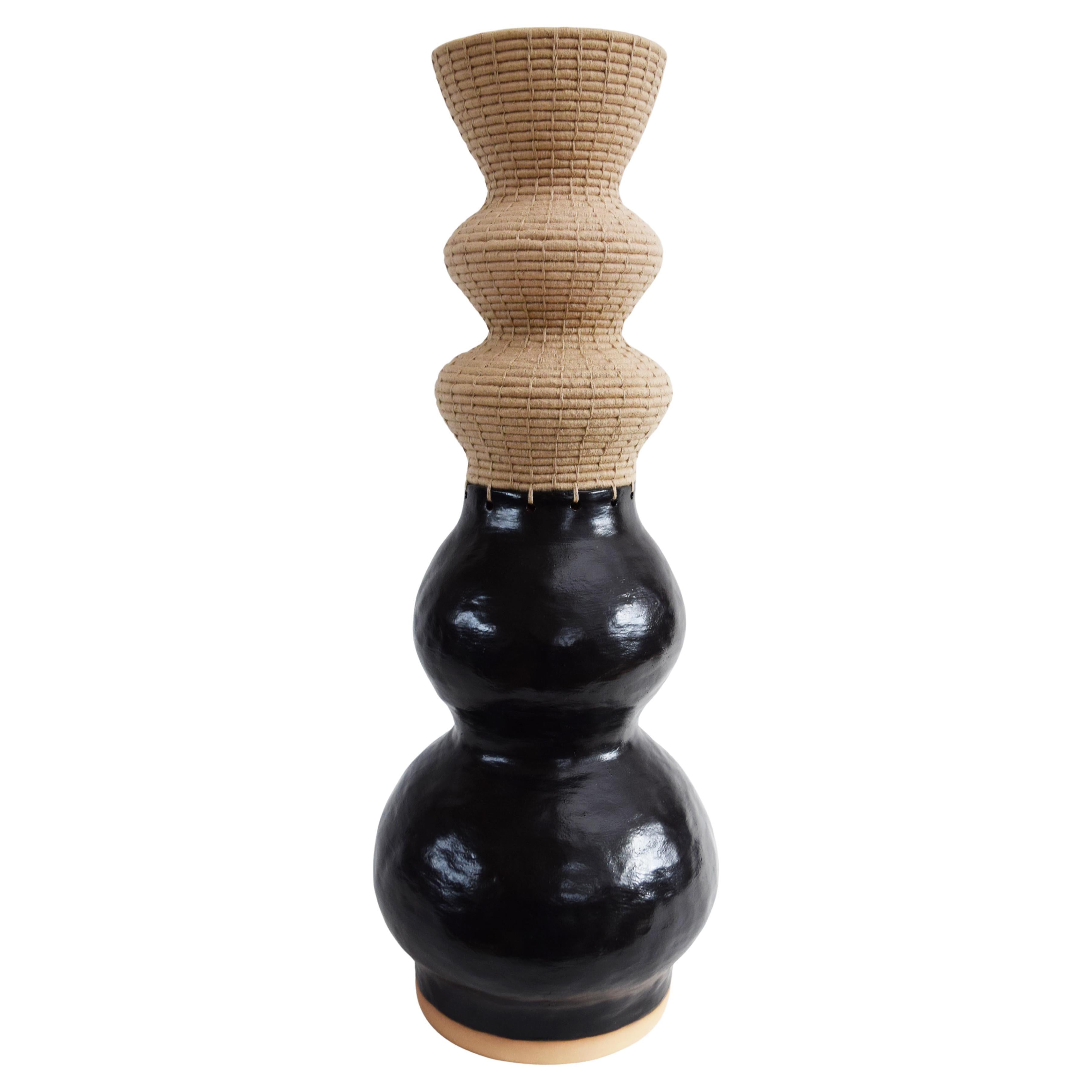 One of a Kind Ceramic & Woven Fiber Vessel #822, Satin Black Glaze, Tan Cotton