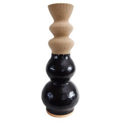 One of a Kind Ceramic & Woven Fiber Vessel #822, Satin Black Glaze, Tan Cotton