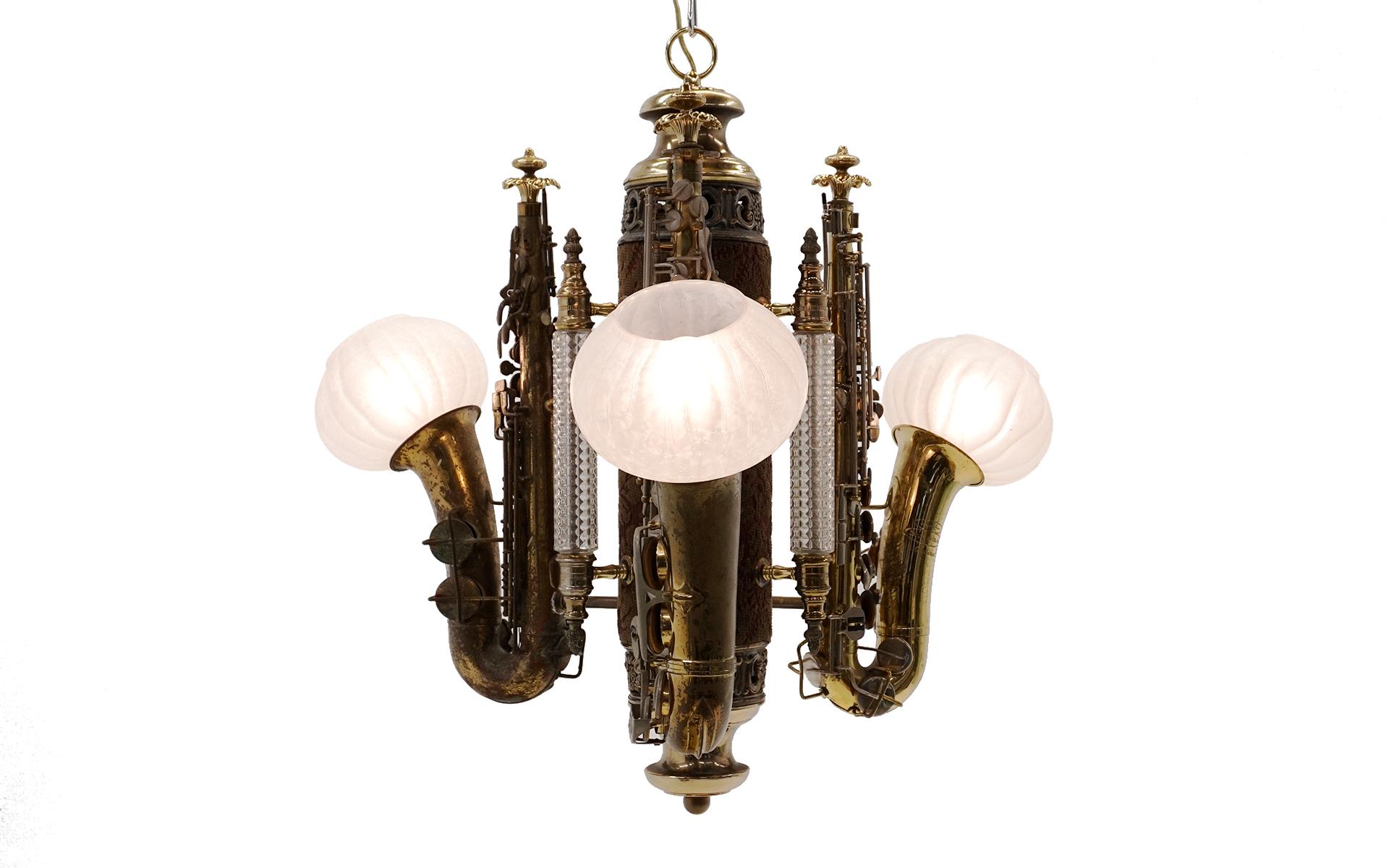 American One of a Kind Chandelier, Made of Real Brass Saxophones and German Glass For Sale