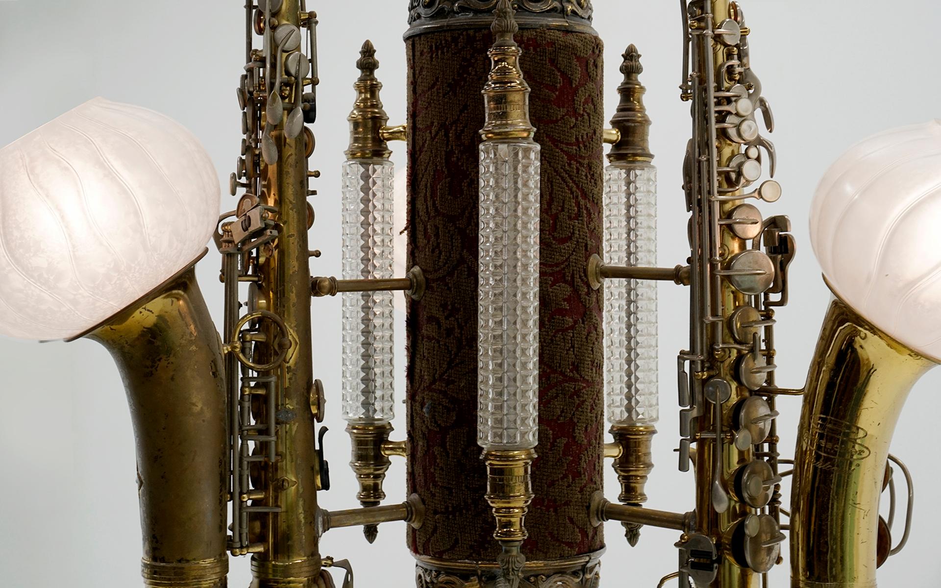 One of a Kind Chandelier, Made of Real Brass Saxophones and German Glass In Good Condition For Sale In Kansas City, MO