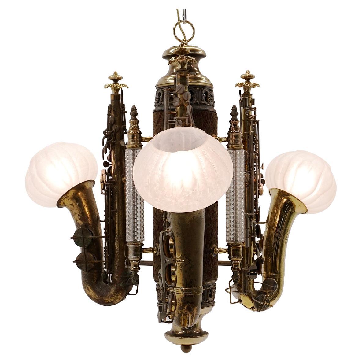 One of a Kind Chandelier, Made of Real Brass Saxophones and German Glass