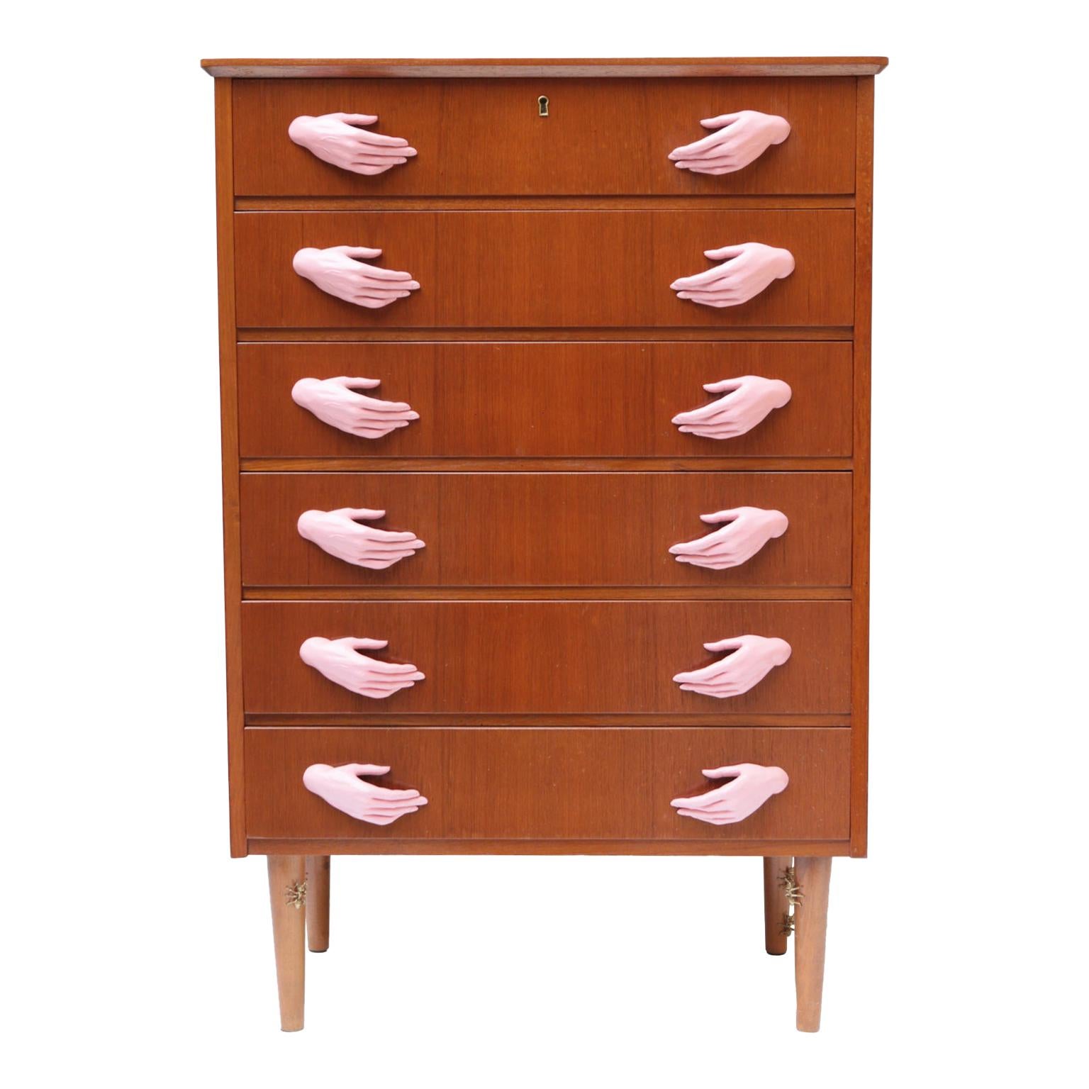 One of a Kind Chest of Six Drawers with Cast Resin Sculptural Handles For Sale