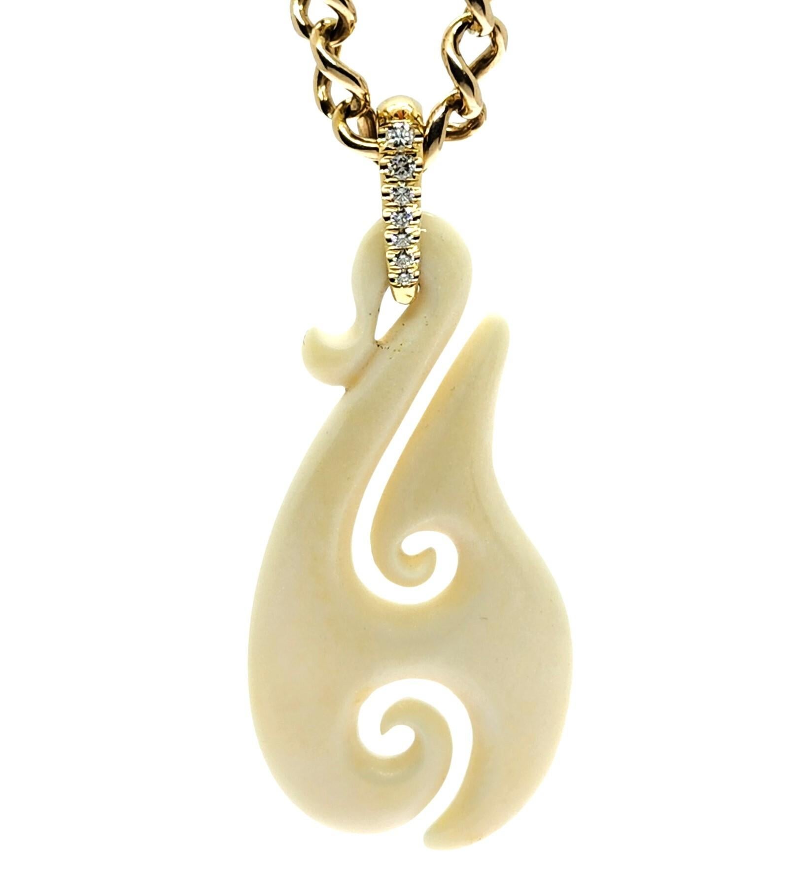 Brilliant Cut One of a kind Classic Carved Bone Sailors Hook on 18K and Diamonds Bail Pendant For Sale