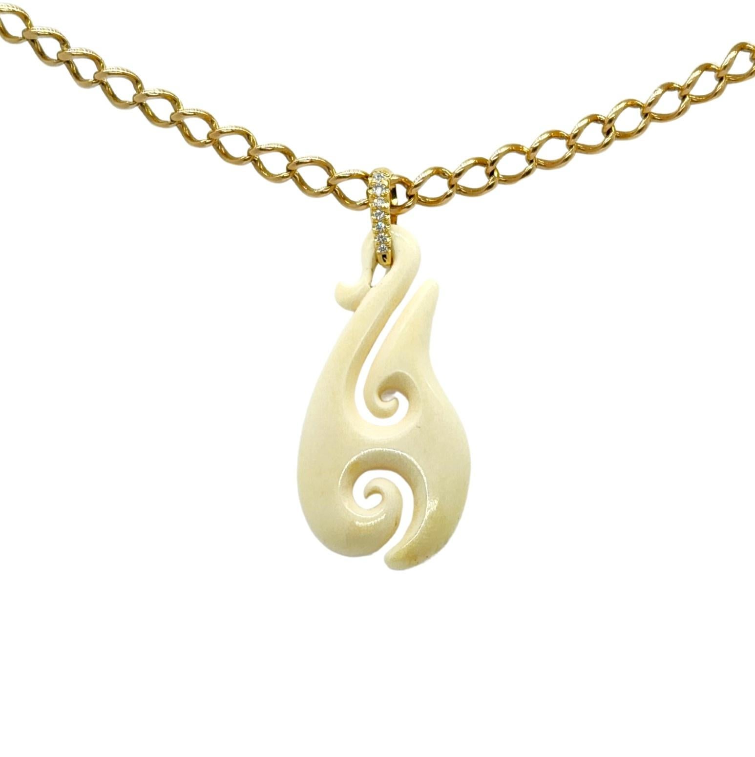 One of a kind Classic Carved Bone Sailors Hook on 18K and Diamonds Bail Pendant In New Condition For Sale In Rutherford, NJ