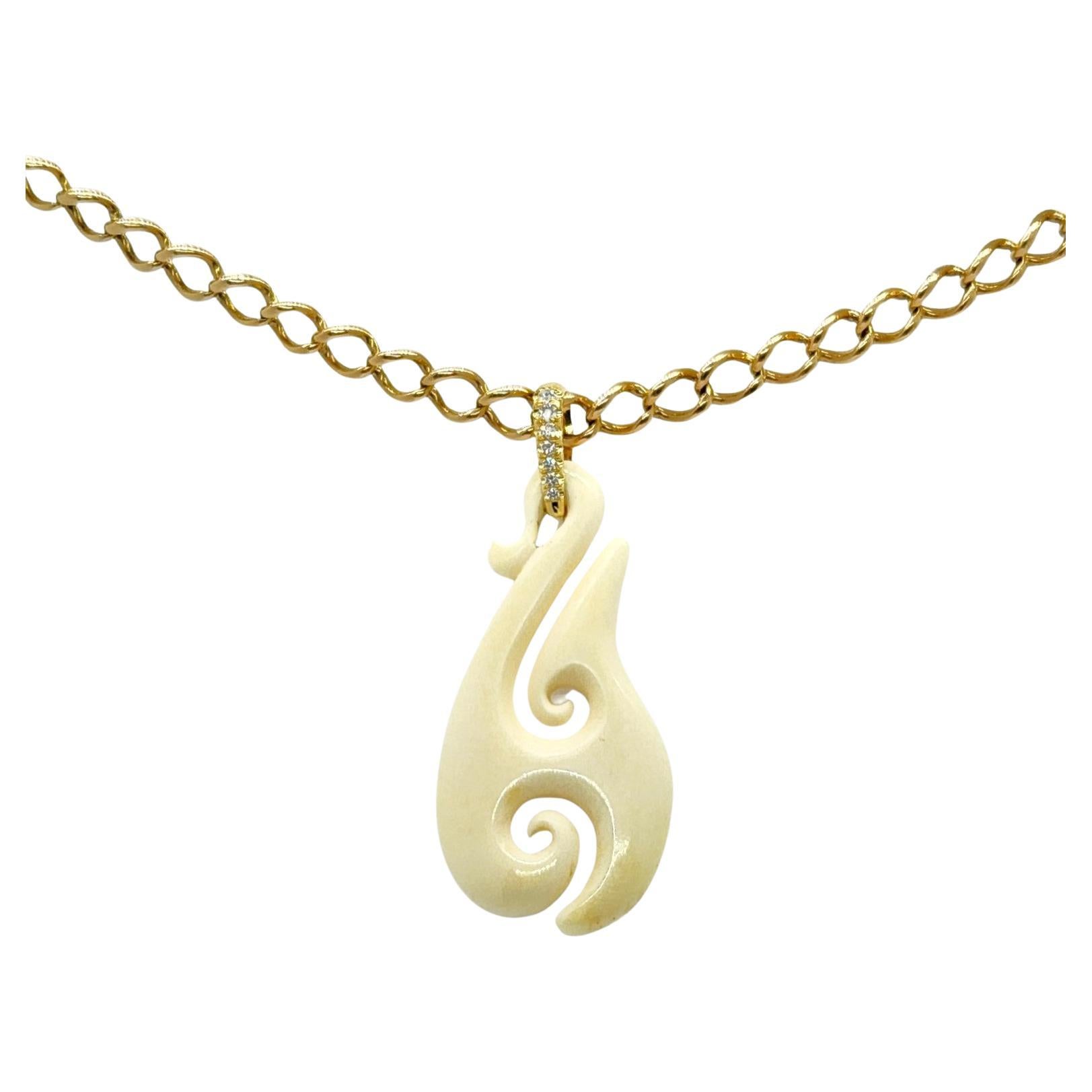 One of a kind Classic Carved Bone Sailors Hook on 18K and Diamonds Bail Pendant For Sale