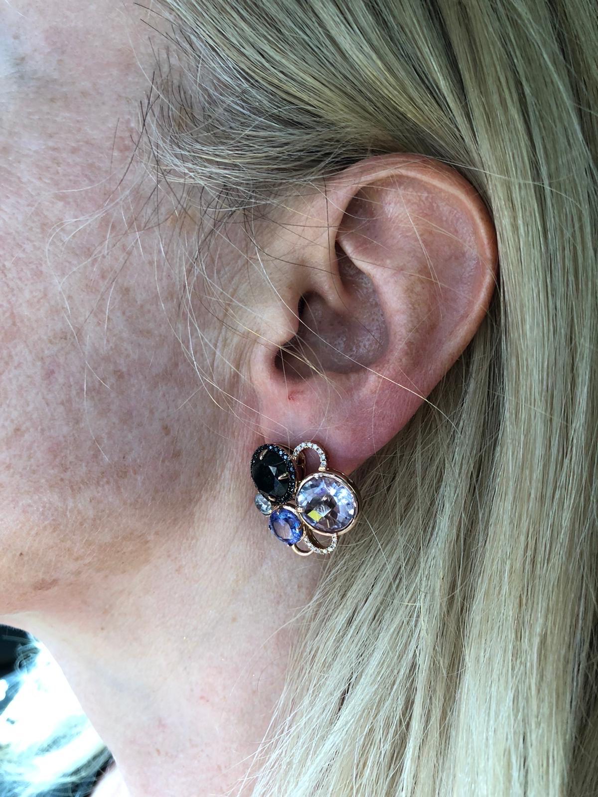 Brilliant Cut Morganite Tanzanite & Black diamonds earrings 18KT gold For Sale