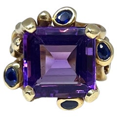 One of a Kind Cocktail Ring with Amethyst and Sapphires in 18 Karat Yellow Gold