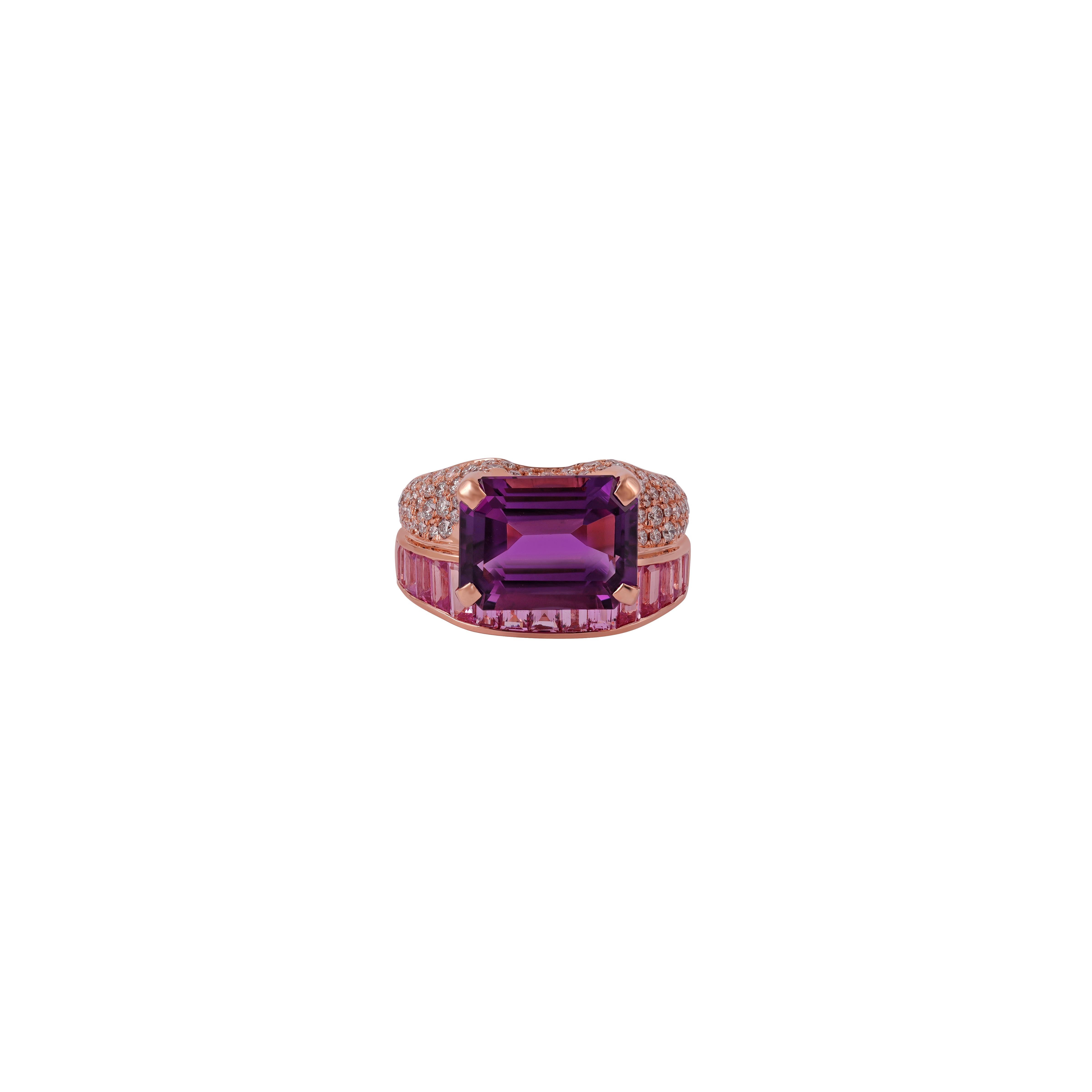 Product Details:

Metal - Rose Gold
Gemstone - Clear amethyst, Pink Sapphire, Diamond.
Amethyst Stone weight - 6.03 Carat
Diamond Stone weight - 0.79 Carat
Pink Sapphire Stone weight - 2.31 Carat
Gold Weight - 11.5 Gm.

Elegant designer ring made in