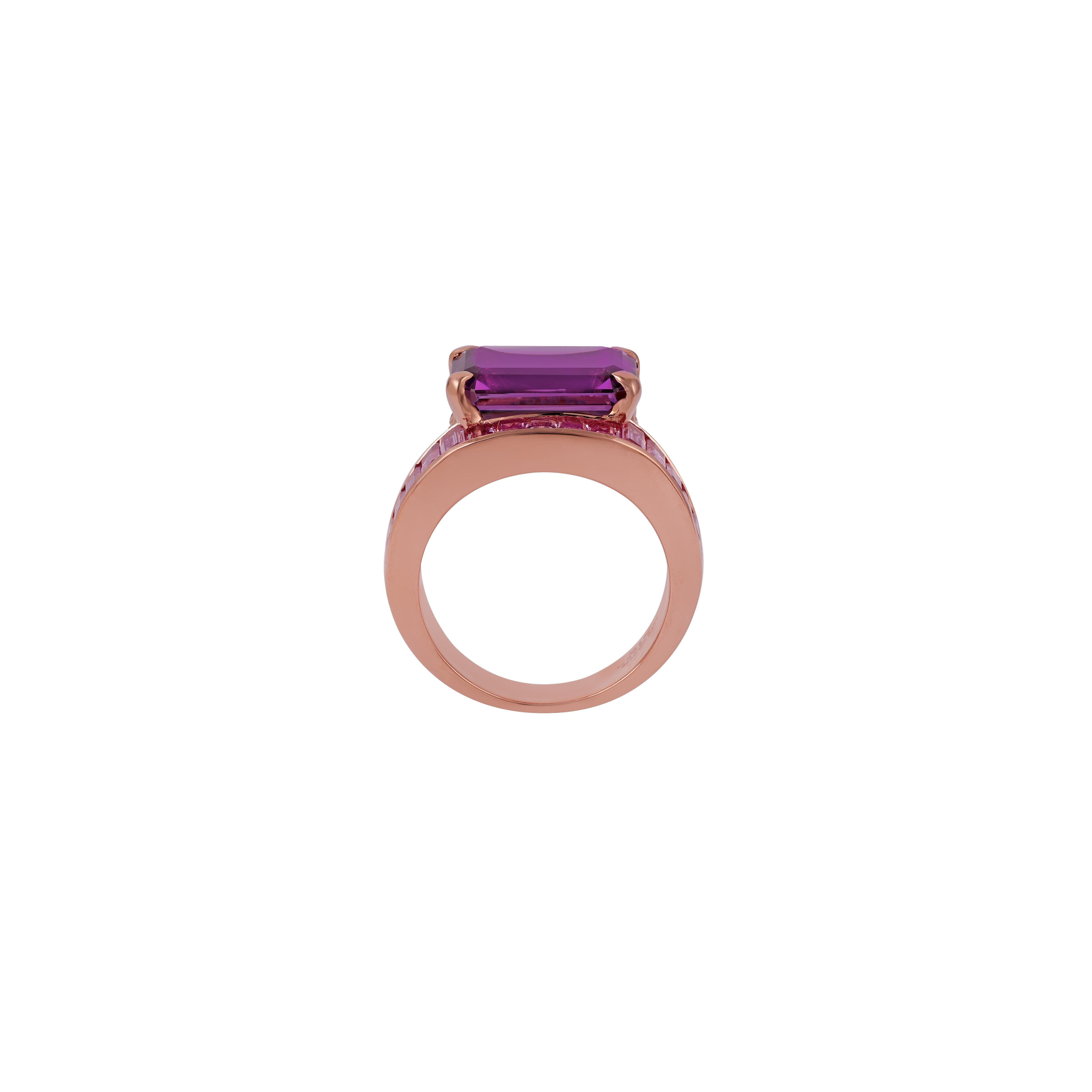 Emerald Cut Clear 6.03 Amethyst , Pink Sapphire & Diamond Ring in 18k Gold  For Sale