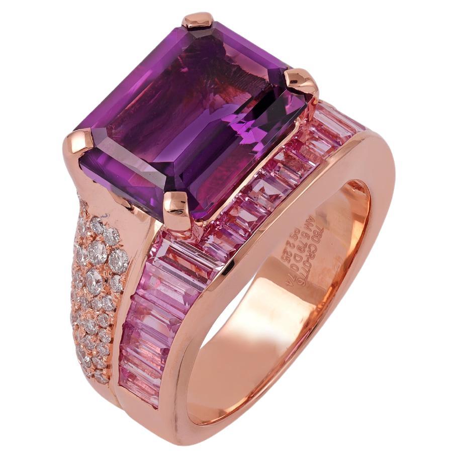 Clear 6.03 Amethyst , Pink Sapphire & Diamond Ring in 18k Gold  For Sale