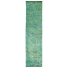 One-of-a-Kind Colorful Wool Hand Knotted Runner Rug, Aquamarine