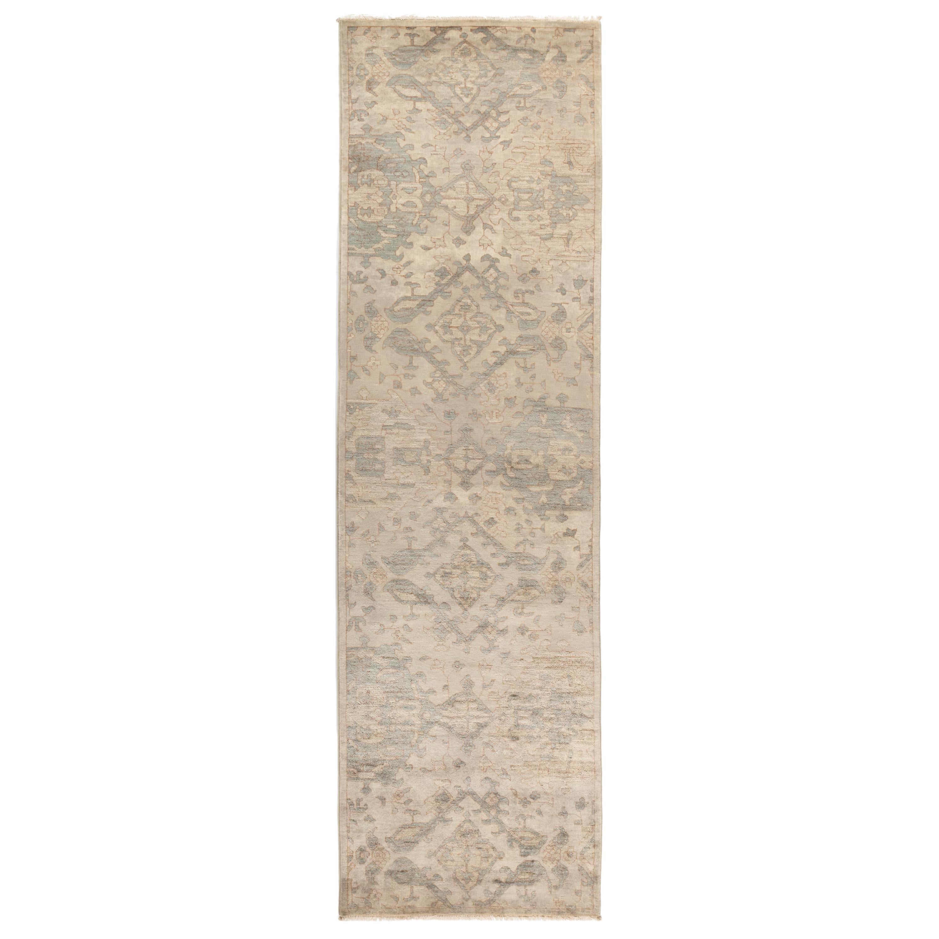 One of a Kind Colorful Wool Hand Knotted Runner Rug, Bone