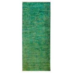 One-of-a-Kind Colorful Wool Hand Knotted Runner Rug, Emerald