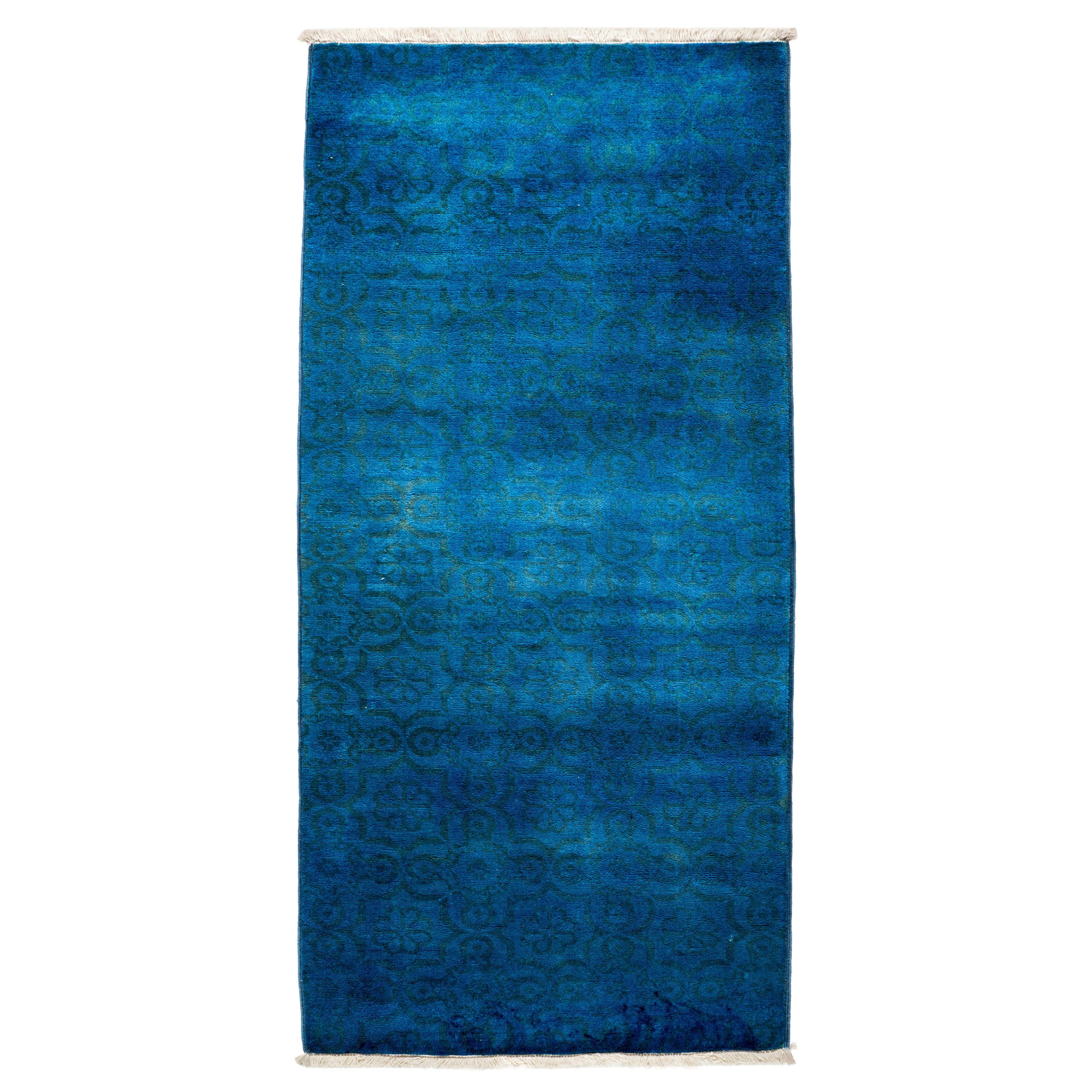 One of a Kind Colorful Wool Hand Knotted Runner Rug, Sapphire