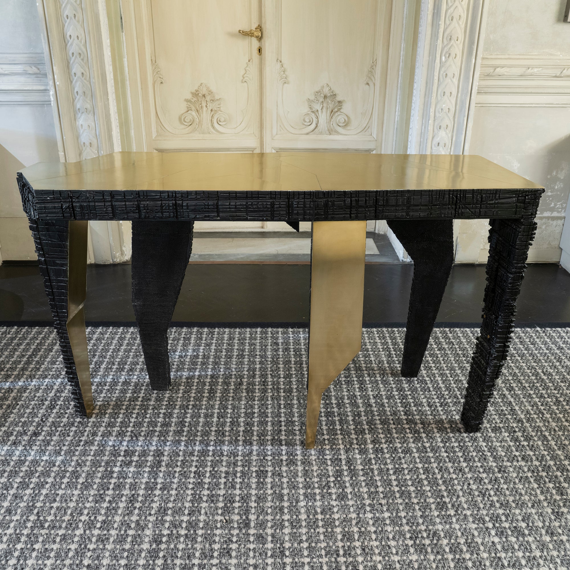 One of a kind original console table made of recycled hand carved wood and brass, vintage patina, designed by Alberto Tonni, Italy.