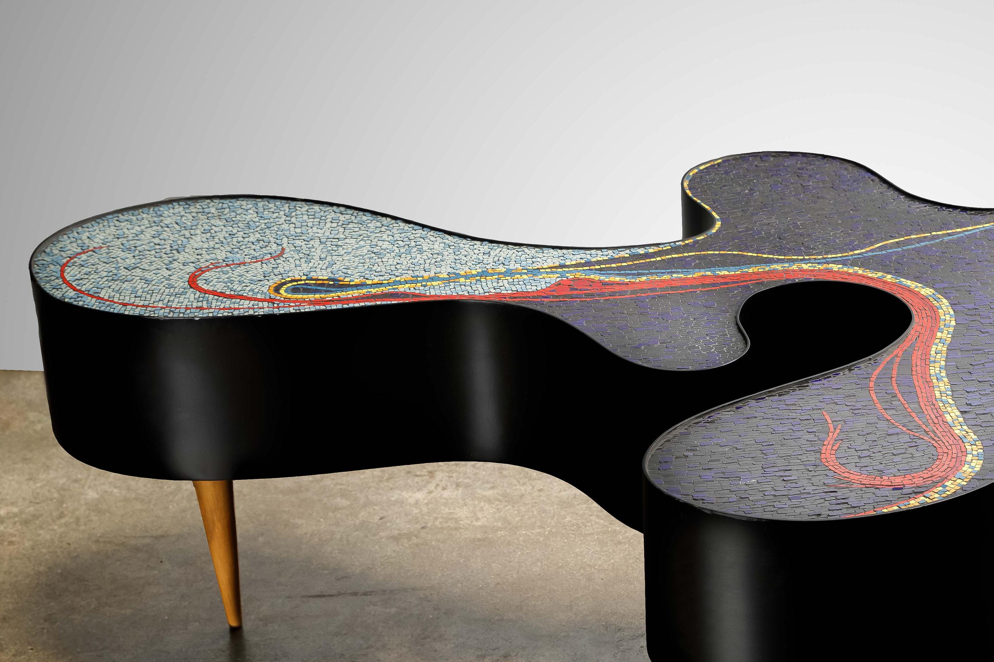 One-of-a- kind contemporary Mosaic low table in wood by Brazilian Artist Katharina Welper, 2014

This singular center table by the Brazilian artist Katharina Welper is structured in wood and features a striking organic shape with sinuous curves,