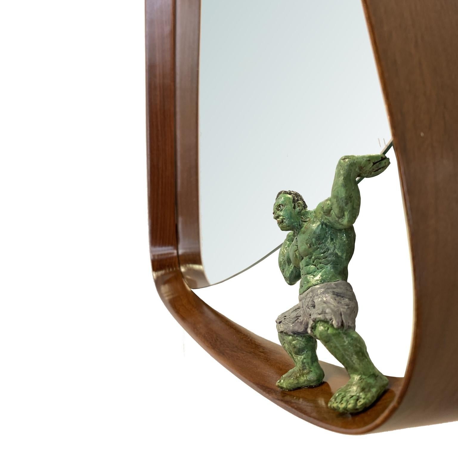 Italian One of a Kind Contemporary Wall Mirror with Hulk Sculpture Holding the Mirror For Sale