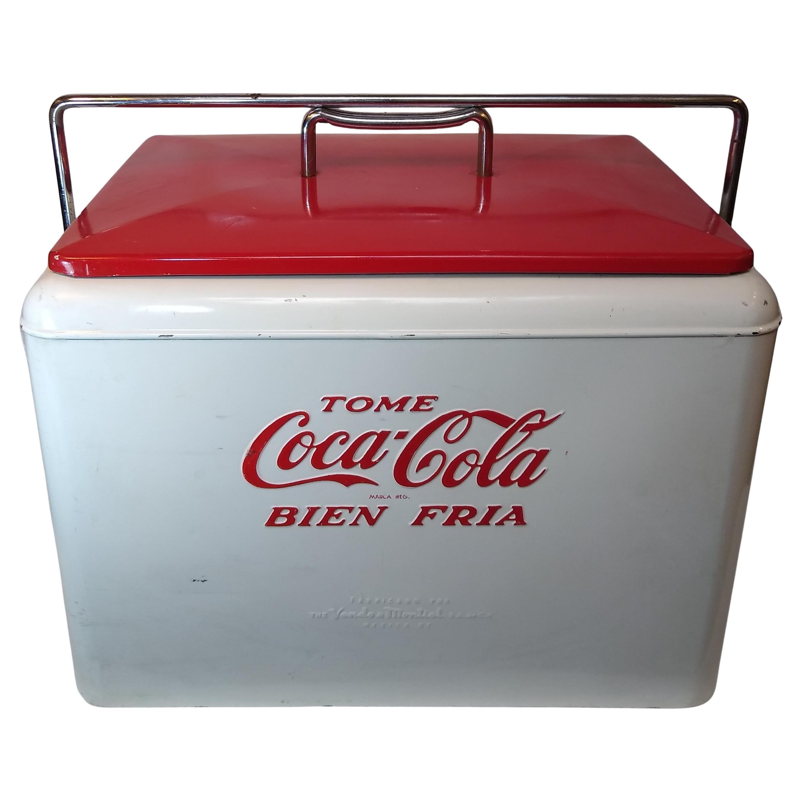 One-of-a-kind cool Coca-Cola cooler from the 1950s. in white and red colors.