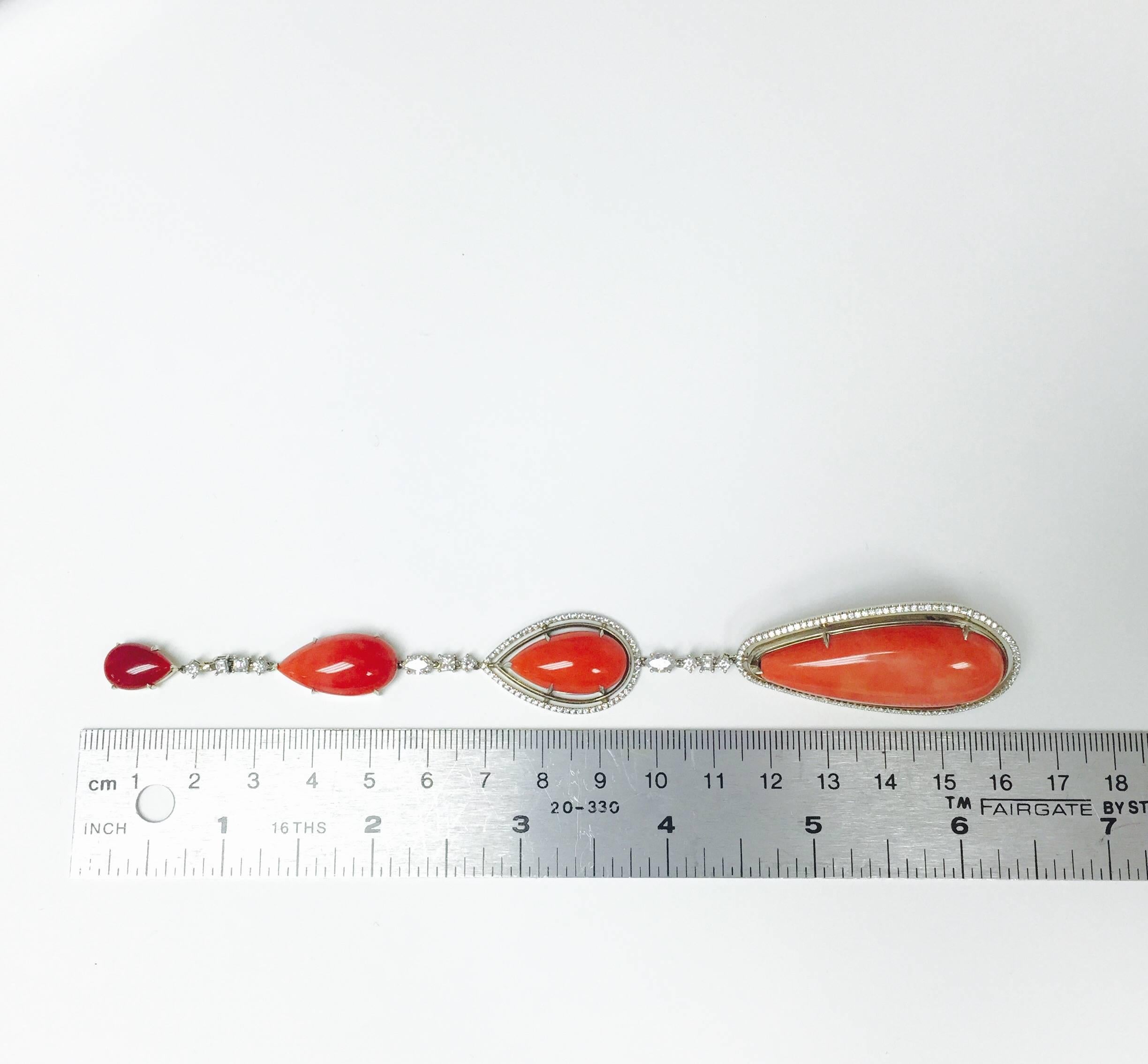 Contemporary One-of-a-kind Coral and Diamond Long Drop Earrings For Sale