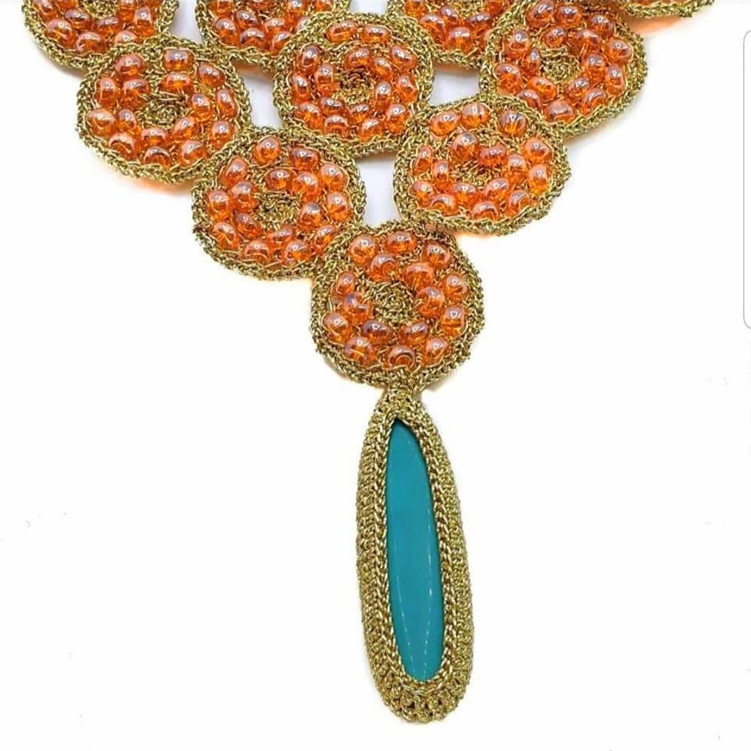 Artisan One of a Kind Crochet Golden Thread Necklace Orange Glass Beads Howlite For Sale