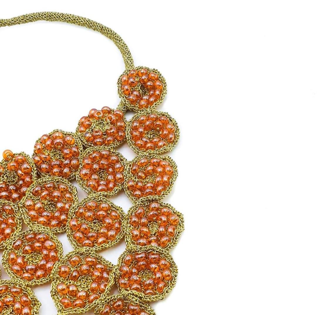 One of a Kind Crochet Golden Thread Necklace Orange Glass Beads Howlite In New Condition For Sale In Kfar Sava, IL