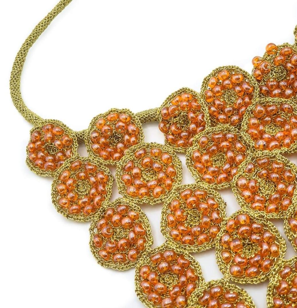 Women's or Men's One of a Kind Crochet Golden Thread Necklace Orange Glass Beads Howlite For Sale