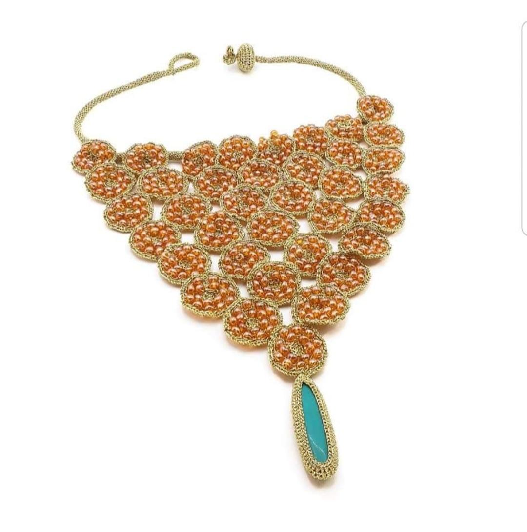 One of a Kind Crochet Golden Thread Necklace Orange Glass Beads Howlite For Sale 1