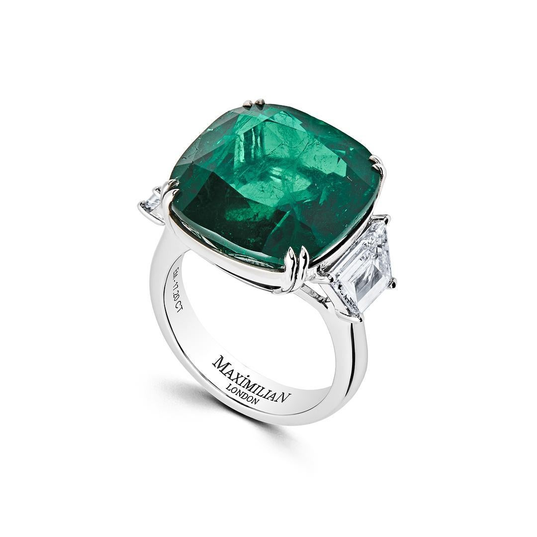 Aesthetic Movement One-of-a-Kind Cushion-Cut Emerald Ring With Diamonds For Sale