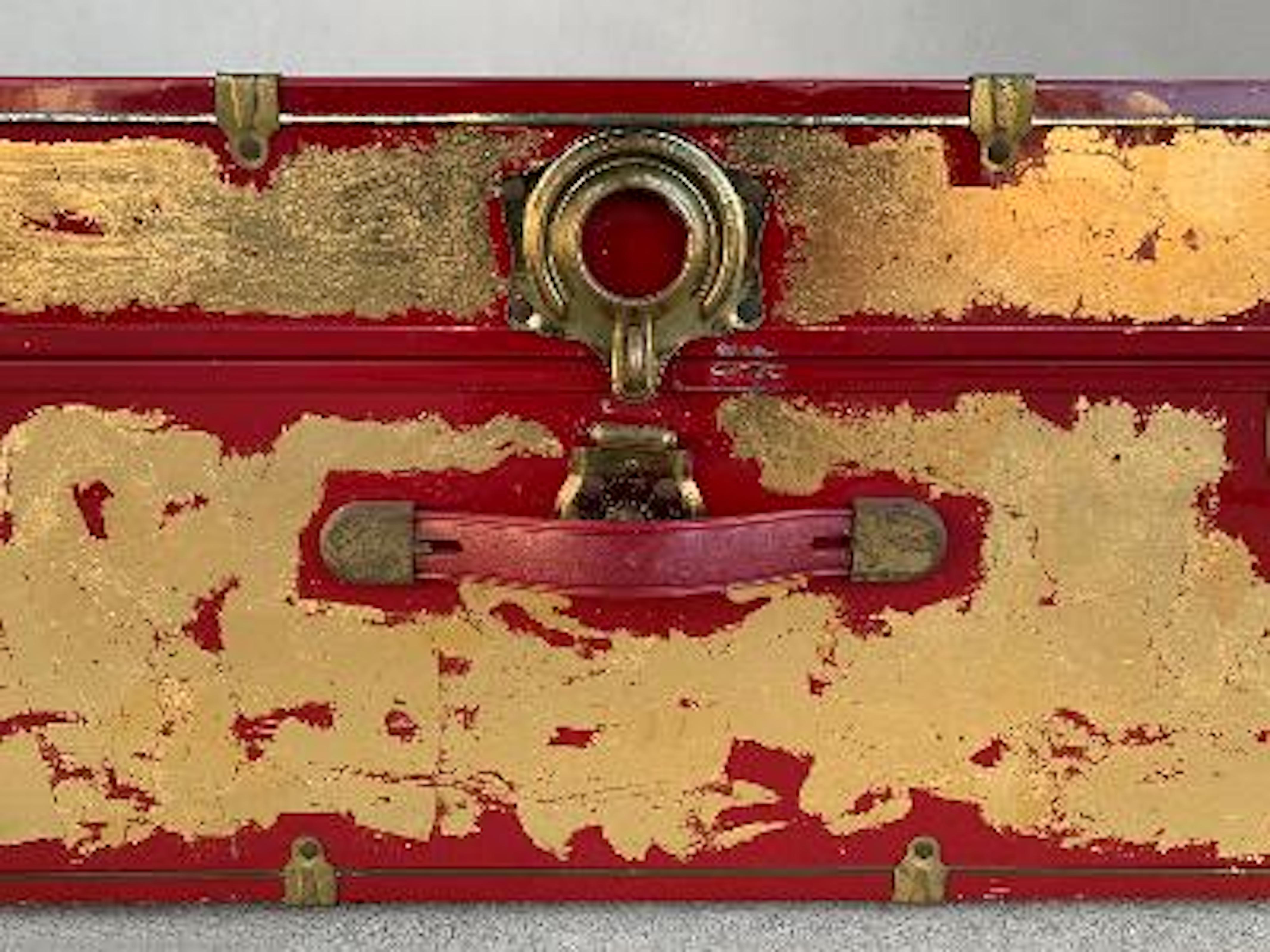 American One of a Kind Custom 24-Karat Gilded Vintage Red Time Capsule Steamer Trunk