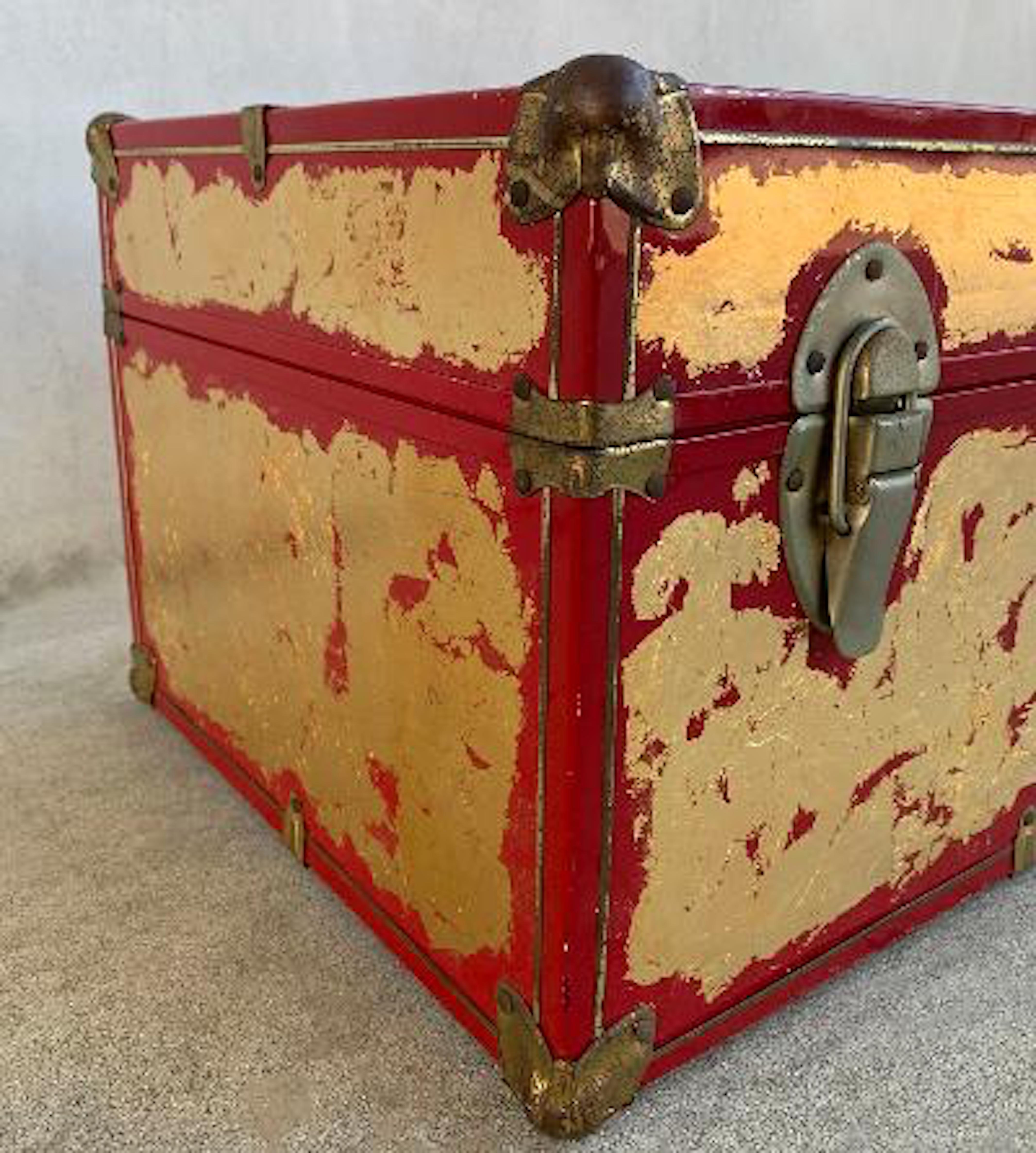 One of a Kind Custom 24-Karat Gilded Vintage Red Time Capsule Steamer Trunk In Good Condition In Tustin, CA