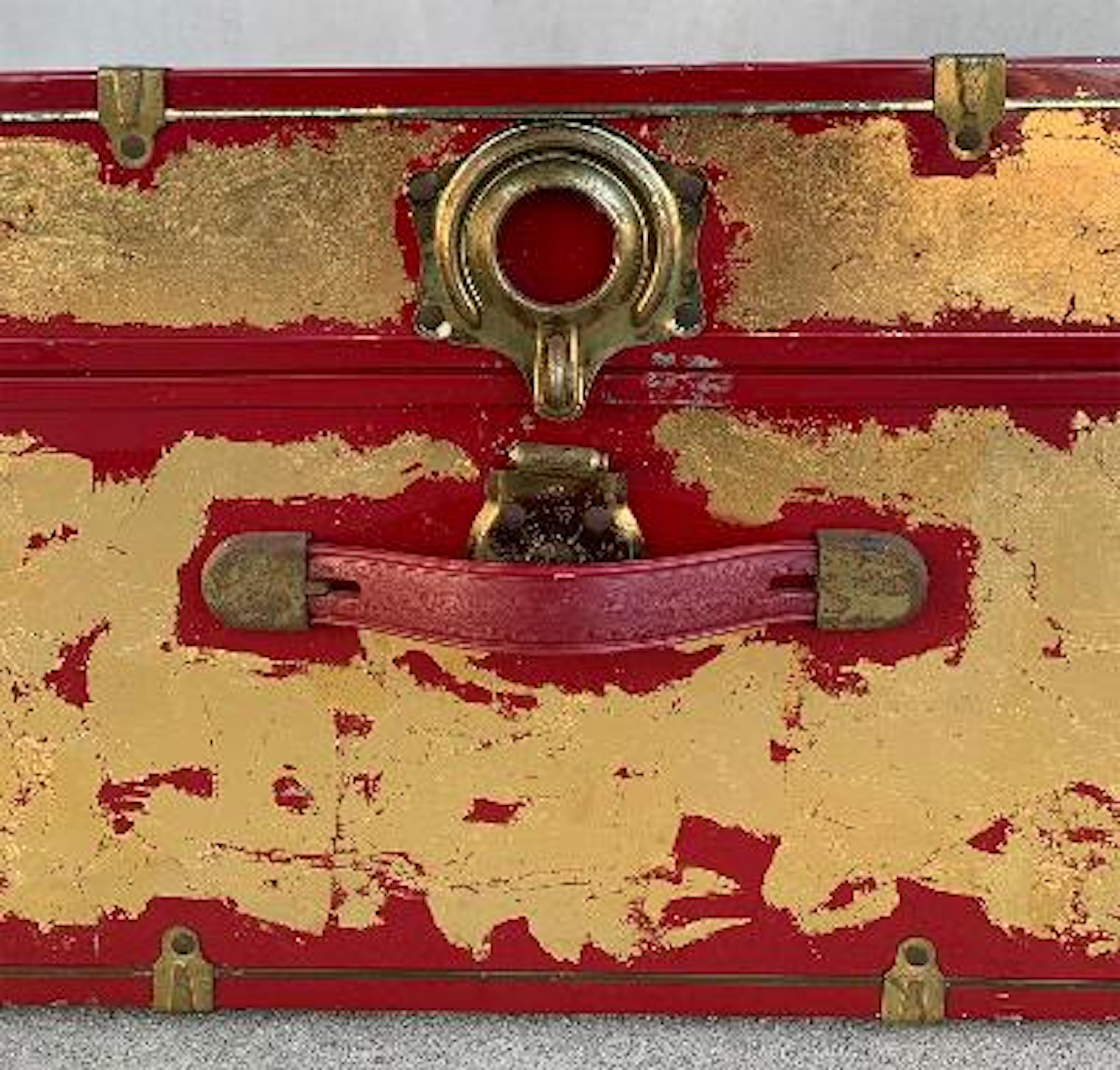 20th Century One of a Kind Custom 24-Karat Gilded Vintage Red Time Capsule Steamer Trunk