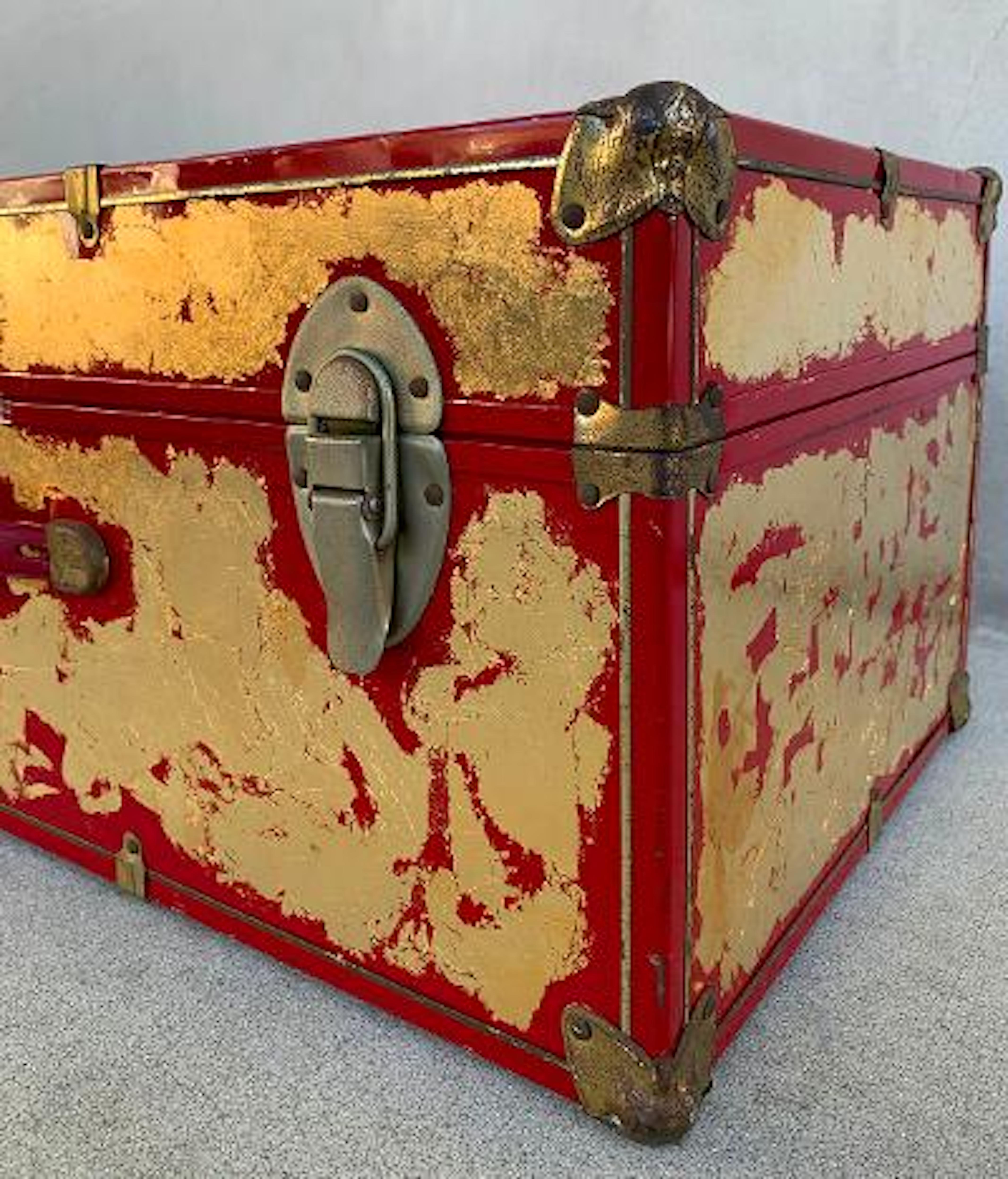 Metal One of a Kind Custom 24-Karat Gilded Vintage Red Time Capsule Steamer Trunk