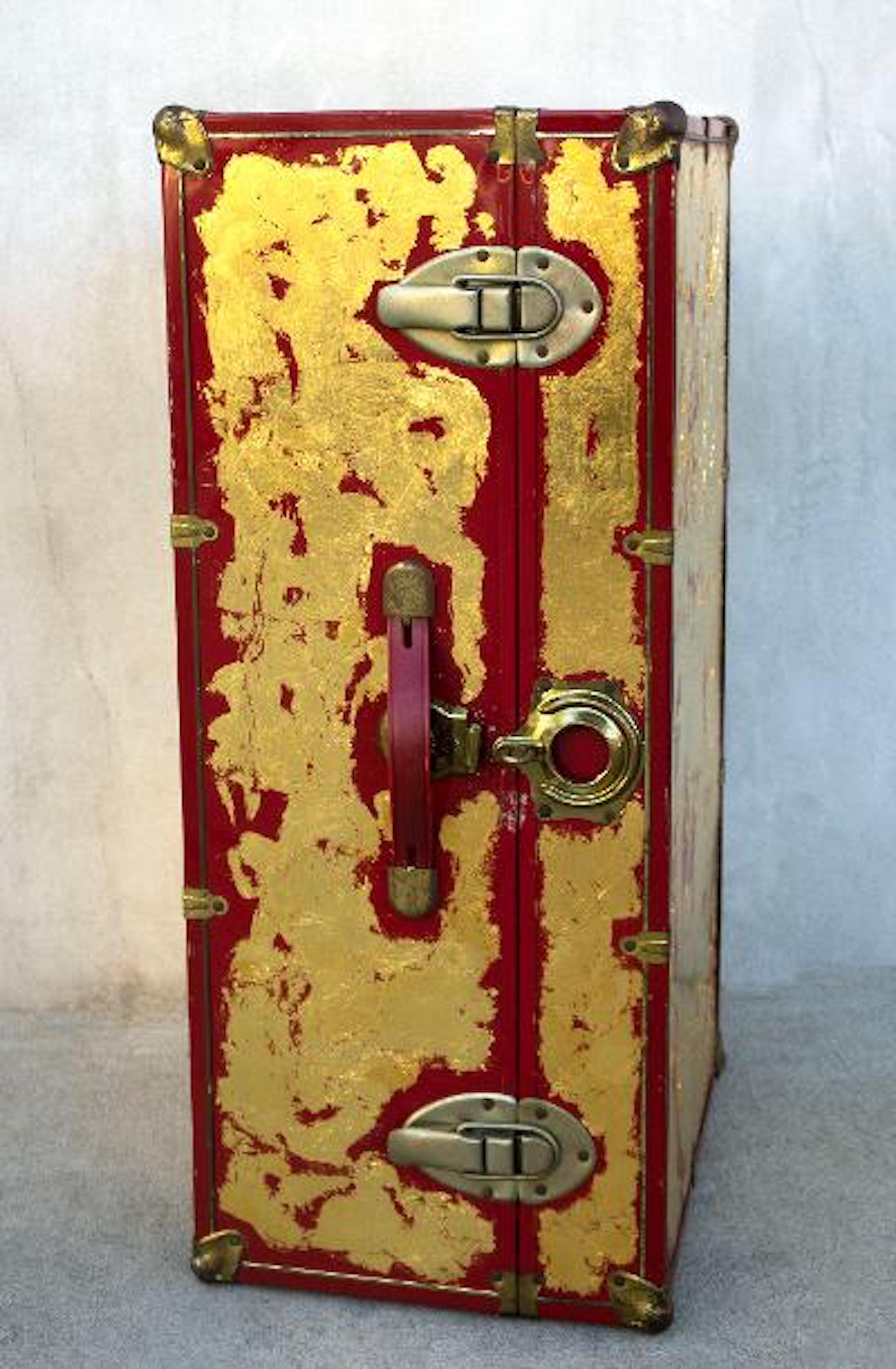 One of a Kind Custom 24-Karat Gilded Vintage Red Time Capsule Steamer Trunk 2