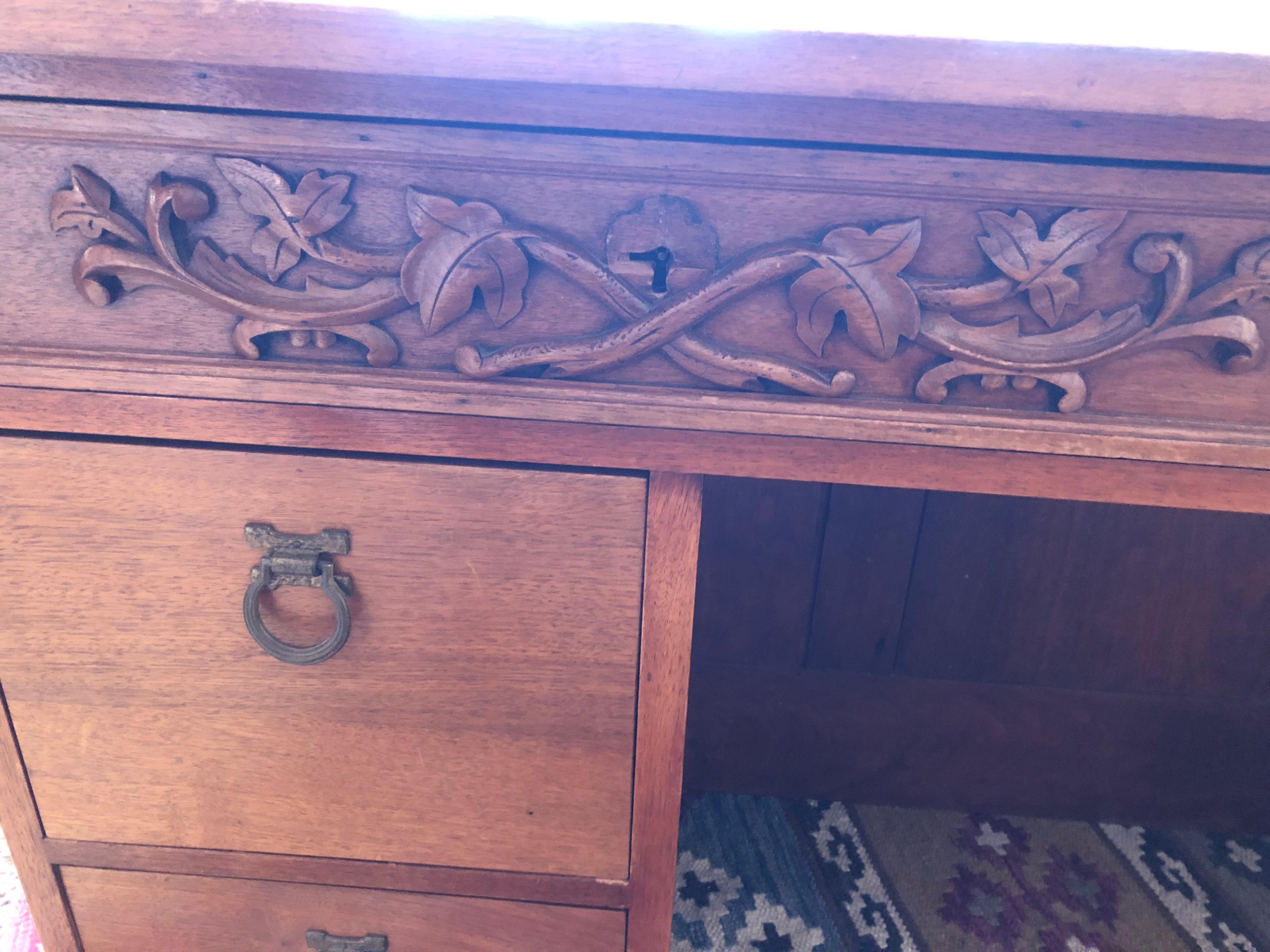 One of a Kind Custom Wood & Leather Desk with Black Forest Relief Sculptures For Sale 7