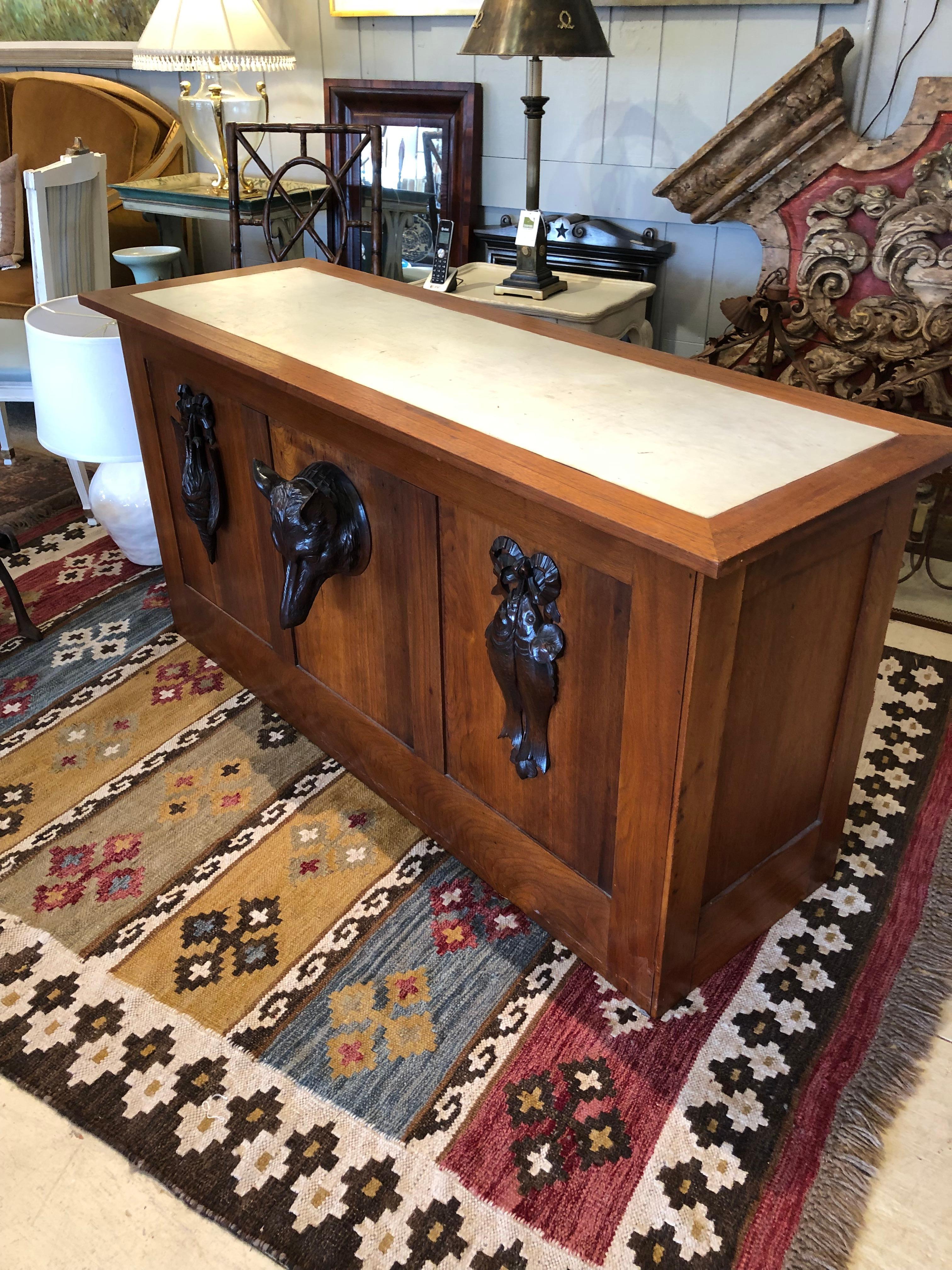 One of a Kind Custom Wood & Leather Desk with Black Forest Relief Sculptures For Sale 8