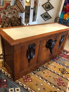 One of a Kind Custom Wood & Leather Desk with Black Forest Relief Sculptures