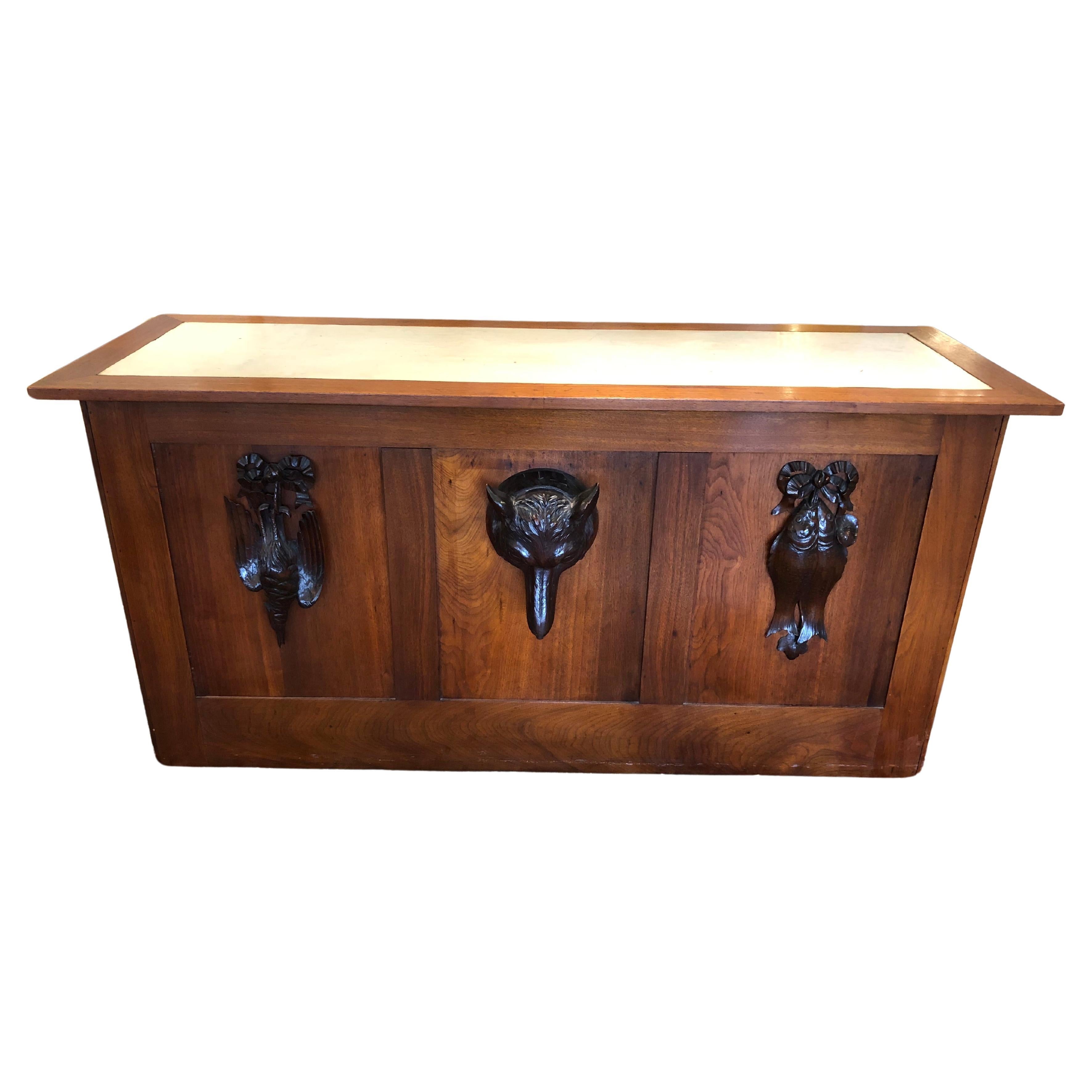 One of a Kind Custom Wood & Leather Desk with Black Forest Relief Sculptures For Sale