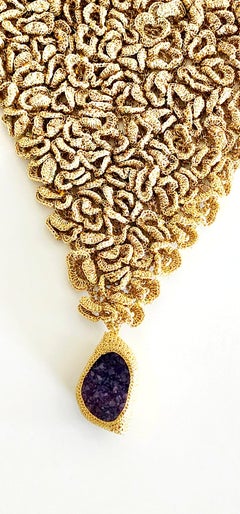 One of a Kind Designer Golden Thread Crochet Necklace Druze Amethyst