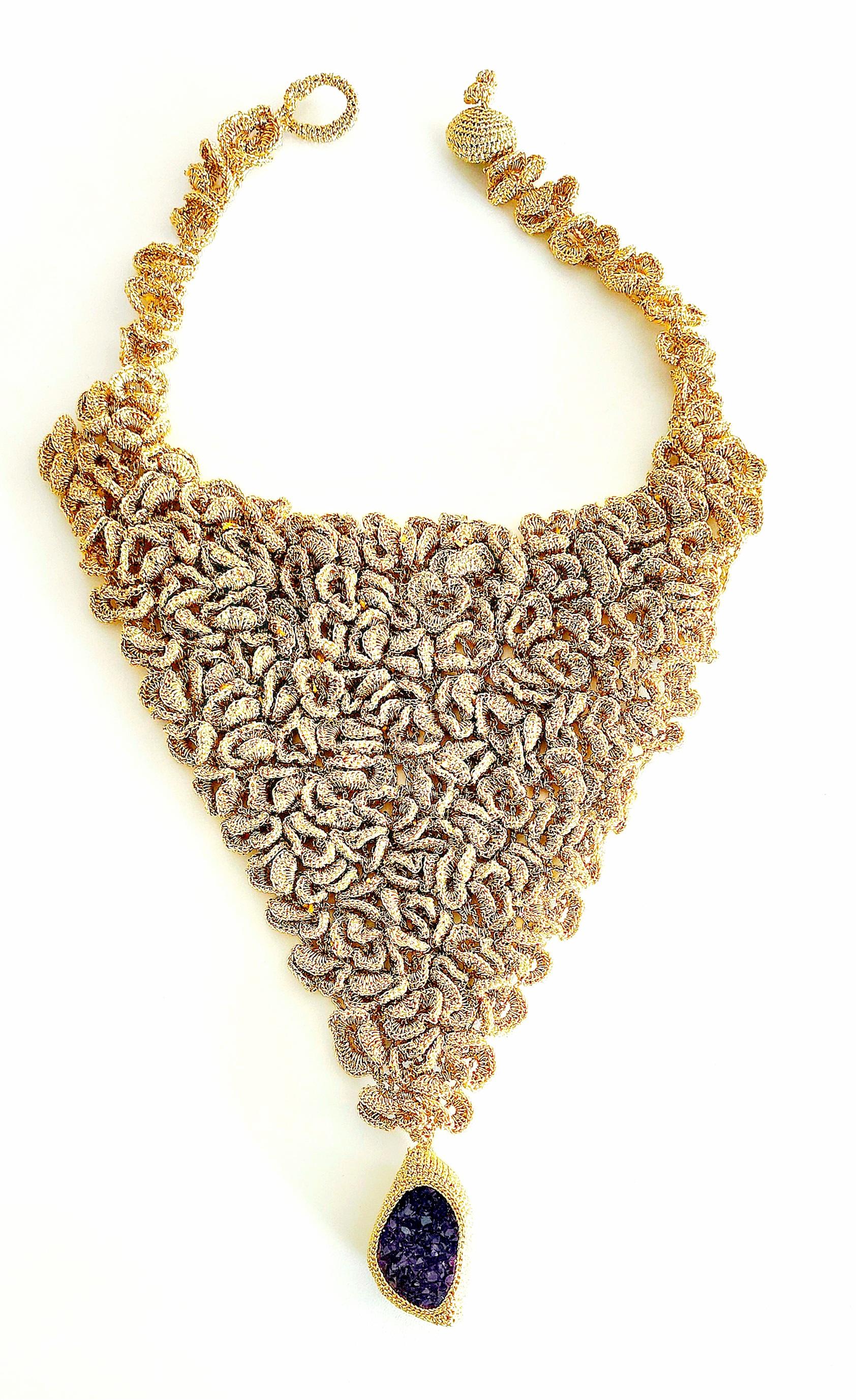 One of a Kind Designer Golden Thread Crochet Necklace Druze Amethyst In New Condition For Sale In Kfar Sava, IL