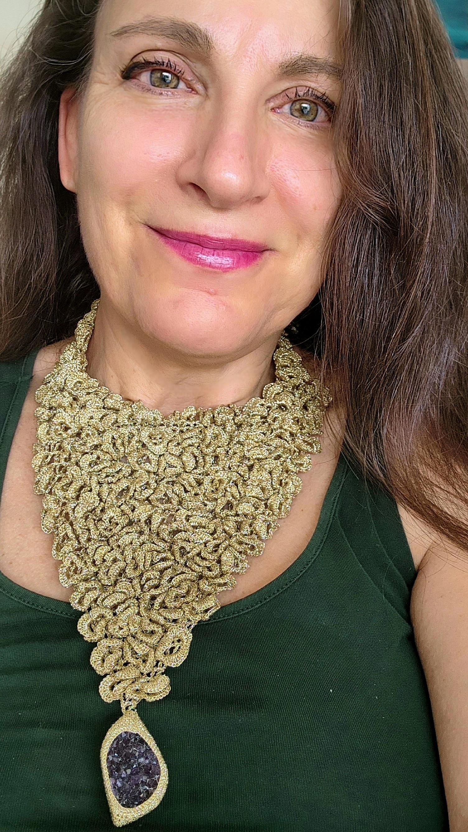 One of a Kind Designer Golden Thread Crochet Necklace Druze Amethyst For Sale 1