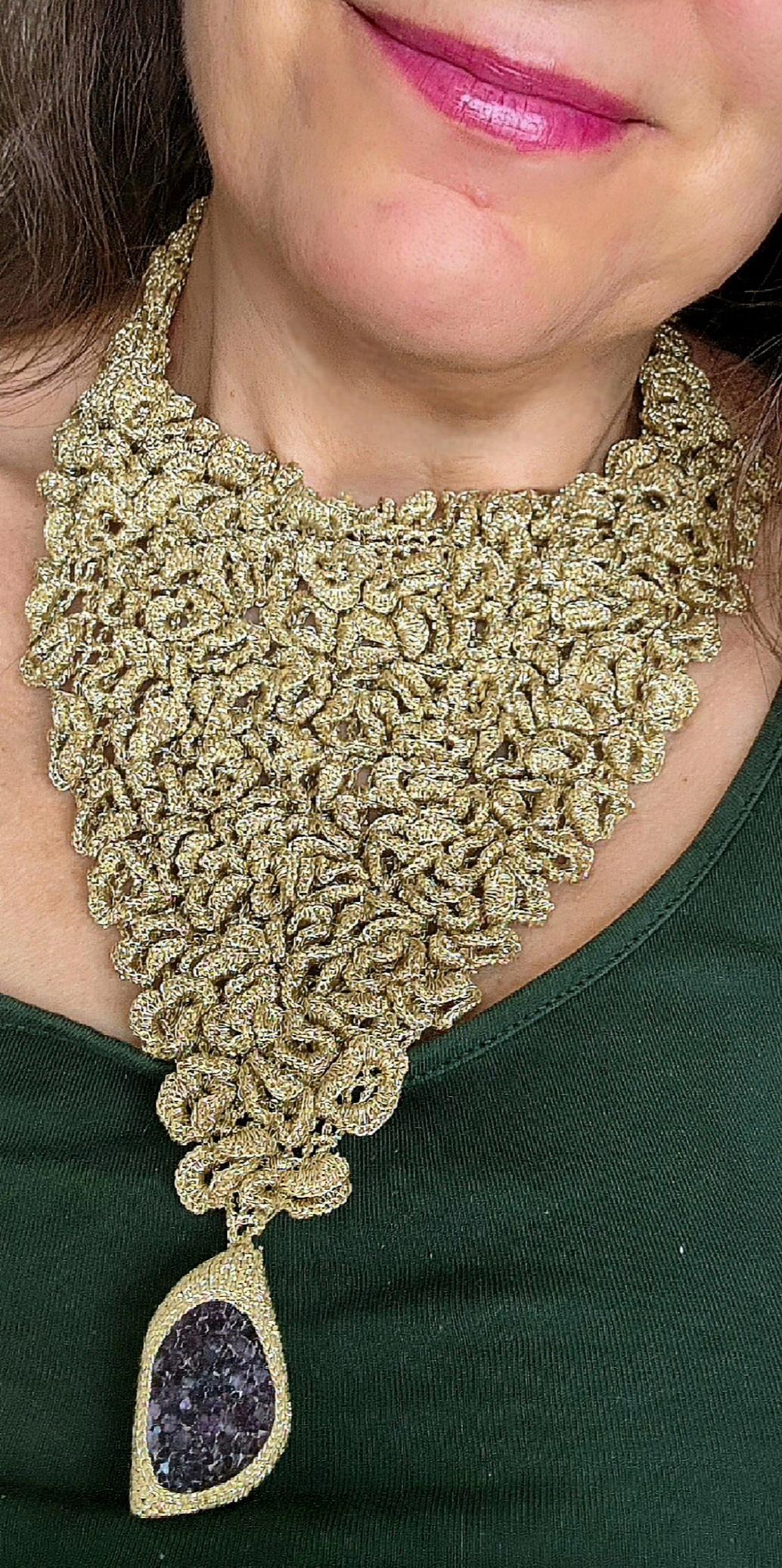 One of a Kind Designer Golden Thread Crochet Necklace Druze Amethyst For Sale 2