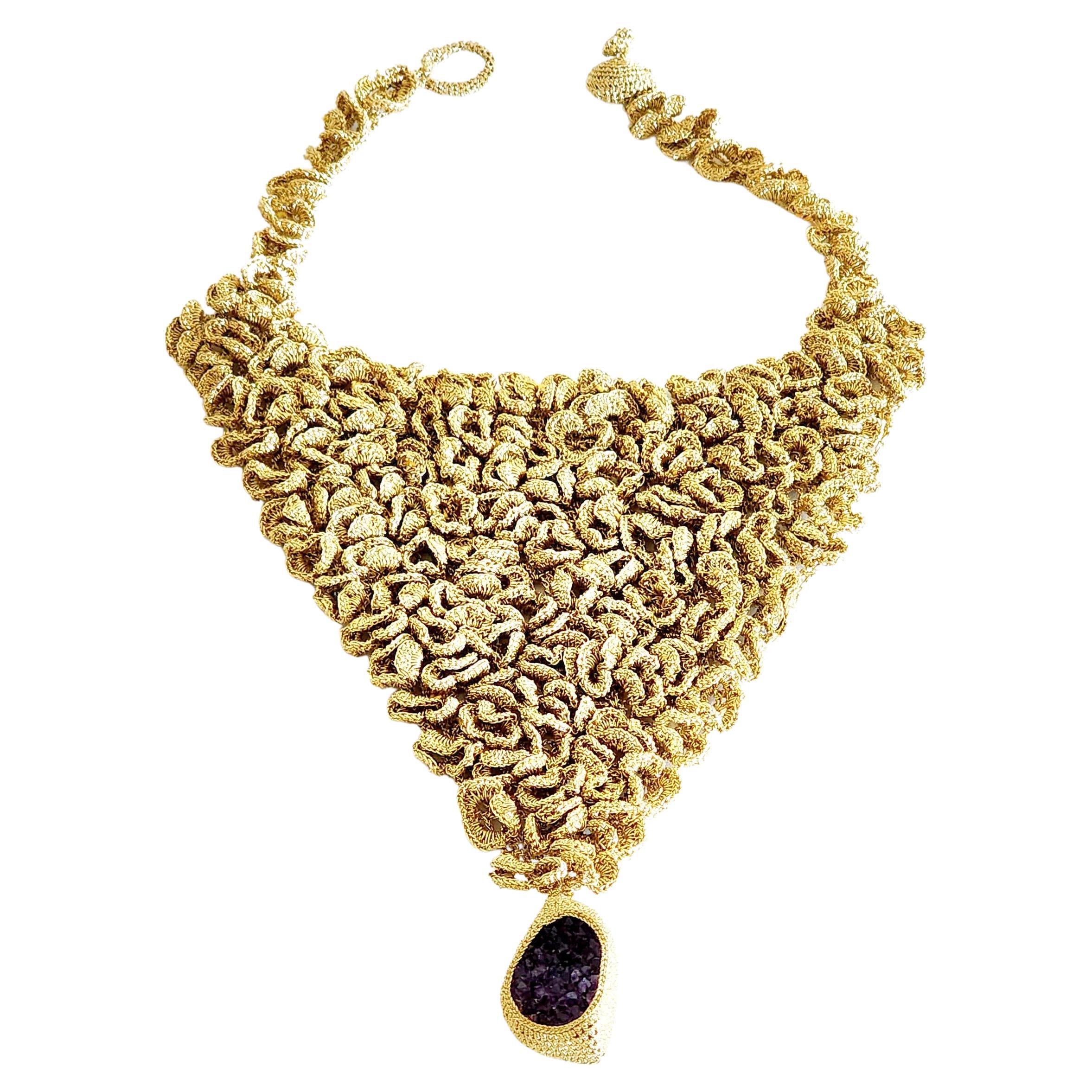 One of a Kind Designer Golden Thread Crochet Necklace Druze Amethyst For Sale