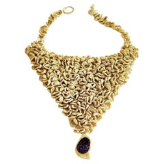 One of a Kind Designer Golden Thread Crochet Necklace Druze Amethyst