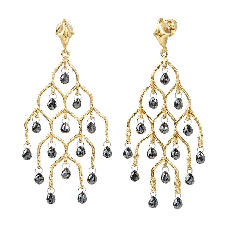One-of-a-Kind Dew Diamond Gold Chandelier Earrings, with Black Diamond For Sale