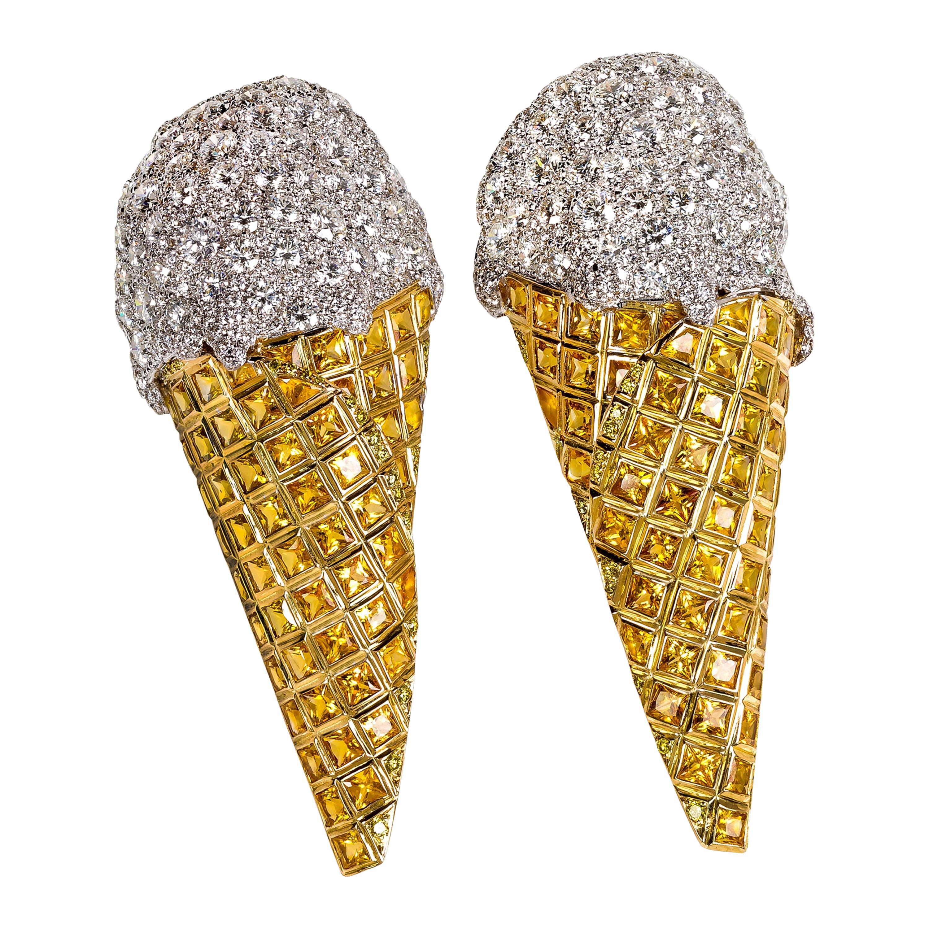 Rosior Diamond and Sapphire Yellow and White Gold "Ice Cream" Earrings 