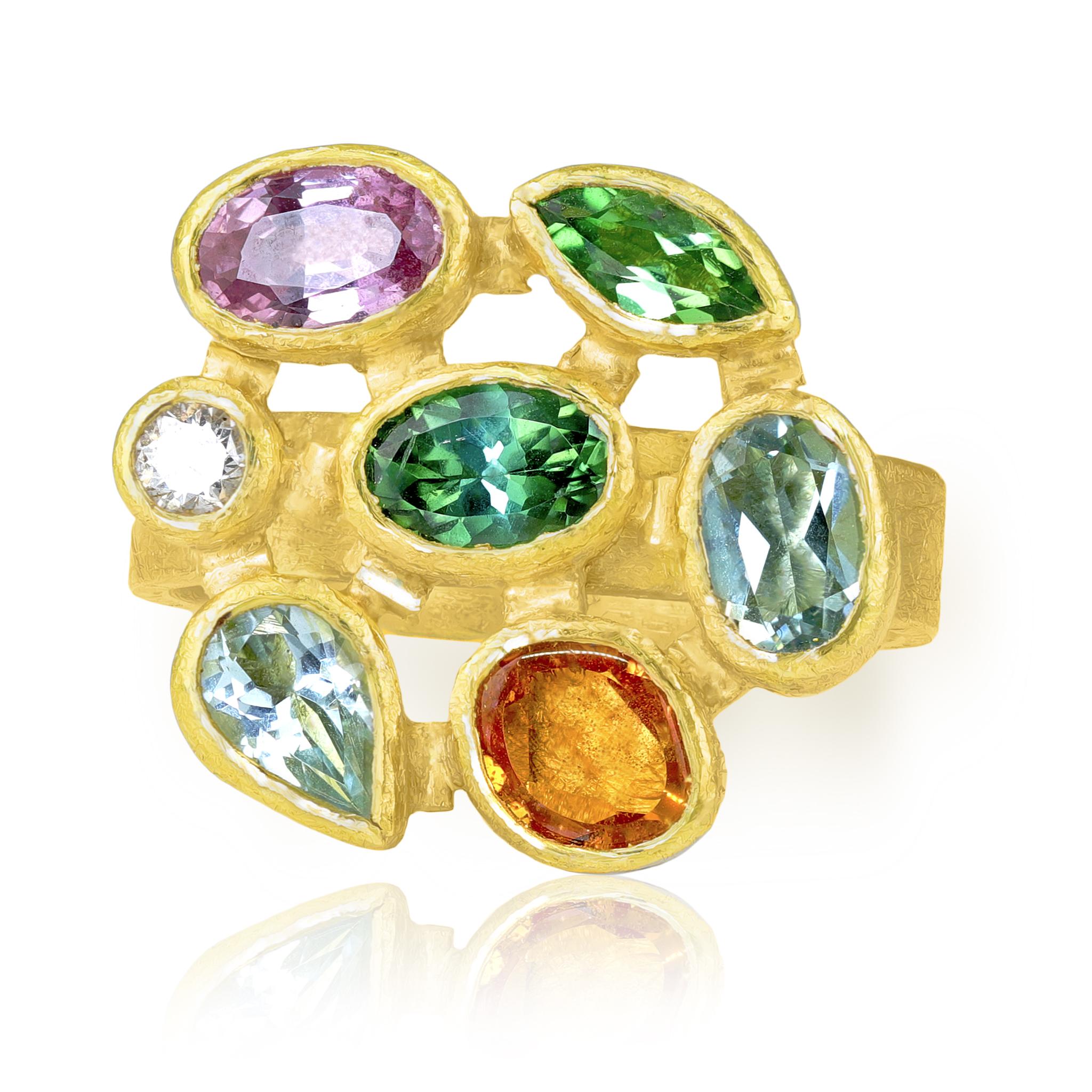 One of a Kind Diamond Aqua Sapphire Tourmaline 22k Gold Ring, Petra Class 2025 For Sale 2