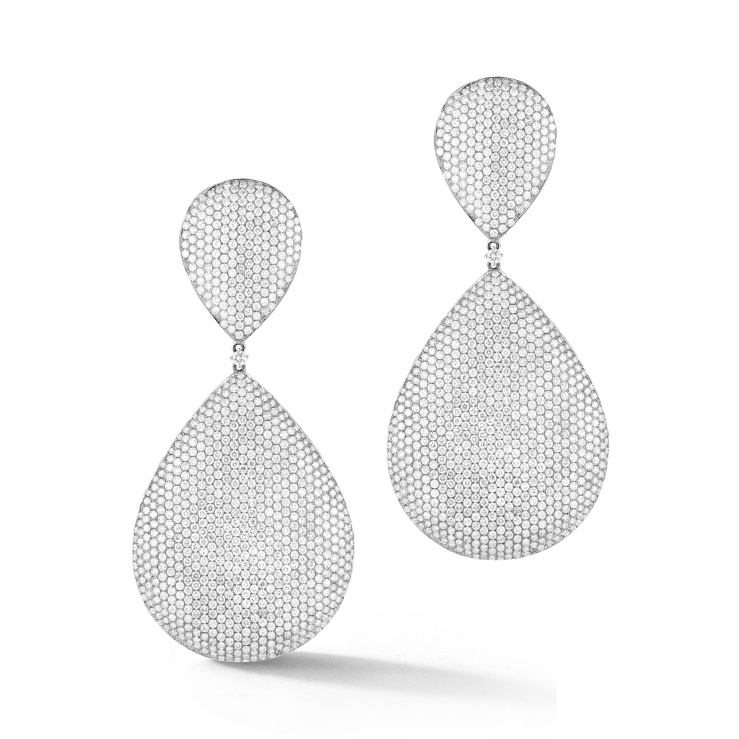 One of a kind Diamond Earrings, made of 18K white gold, set with 43.80 carat of round Diamonds, F color SI1 clarity. Black Tie and important Dinners.