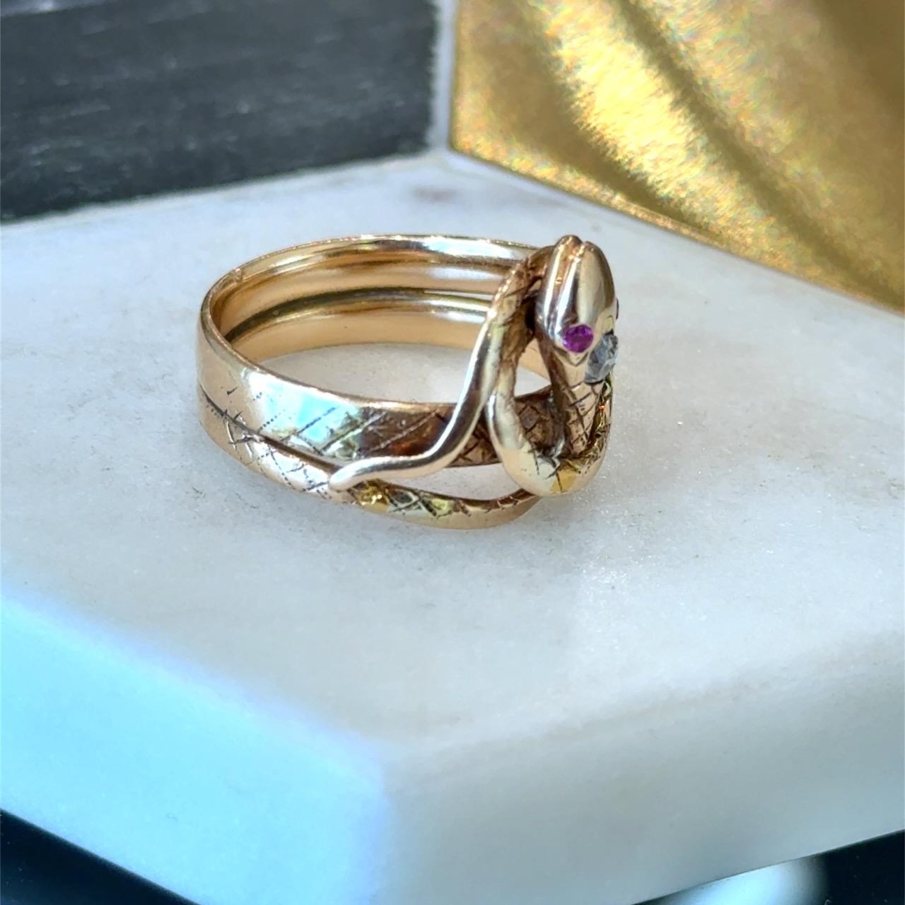 One of a Kind Diamond & Ruby Antique Victorian 14KT Gold Snake Ring 5