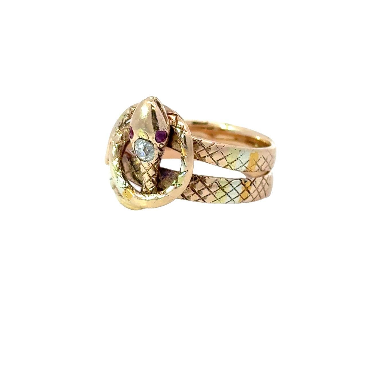 One of a Kind Diamond & Ruby Antique Victorian 14KT Gold Snake Ring In Good Condition In Los Angeles, CA