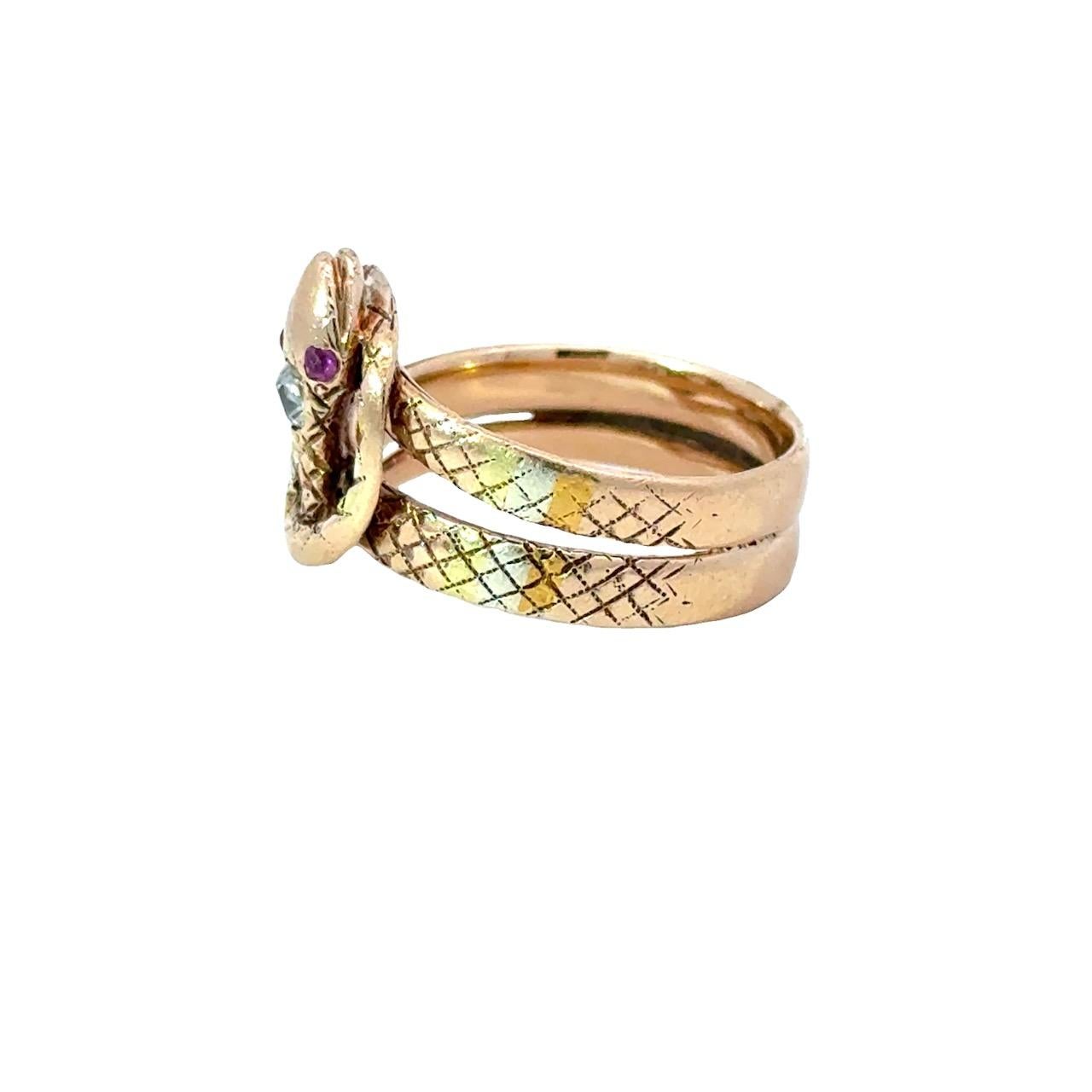 Women's or Men's One of a Kind Diamond & Ruby Antique Victorian 14KT Gold Snake Ring
